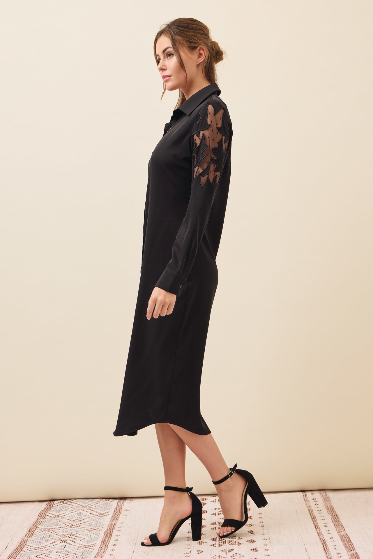 Possibilities Woven Shirt Dress with Mesh Cutout