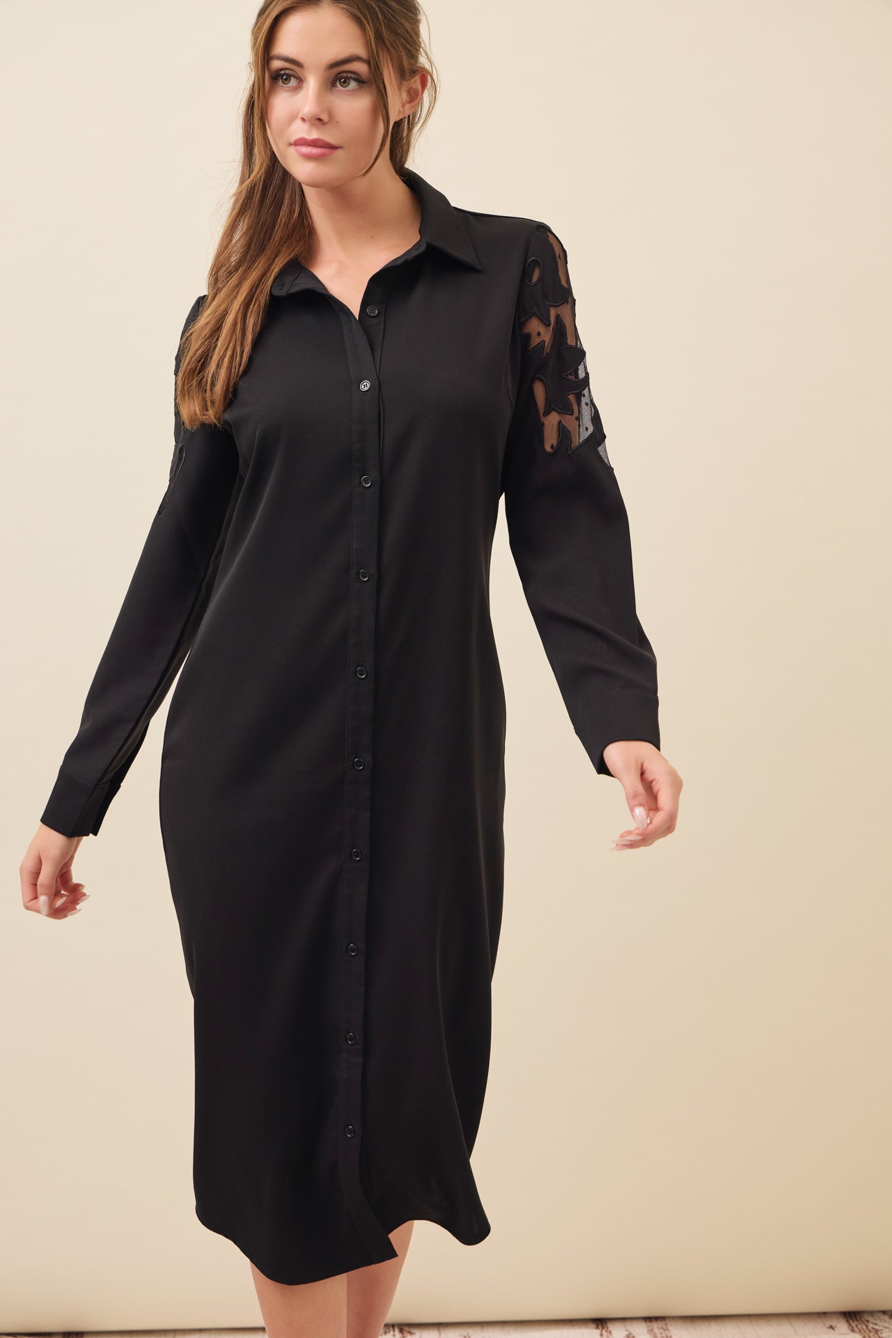 Possibilities Woven Shirt Dress with Mesh Cutout