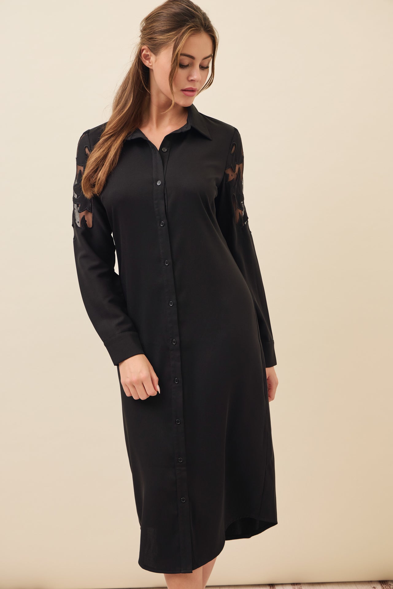 Possibilities Woven Shirt Dress with Mesh Cutout