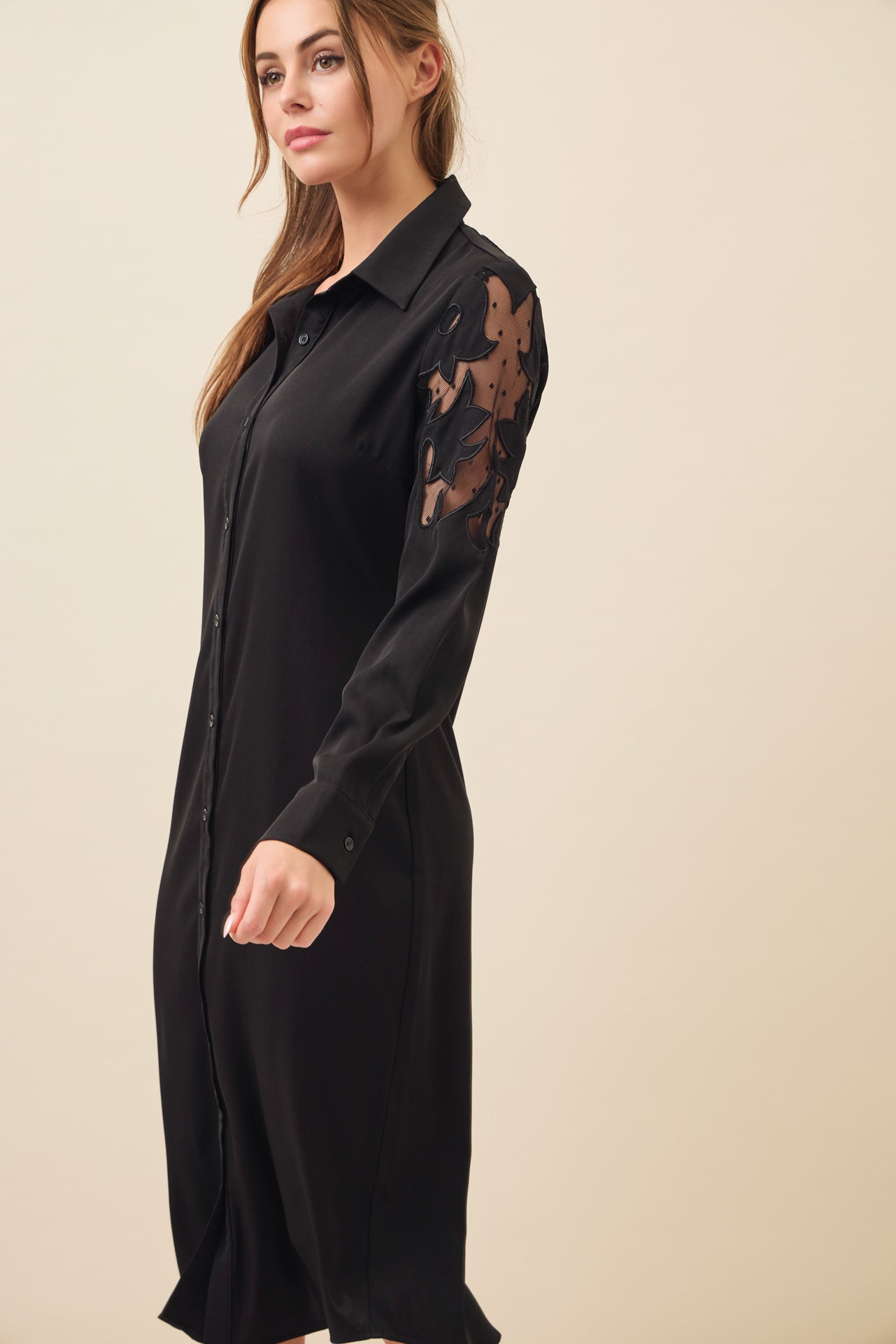 Possibilities Woven Shirt Dress with Mesh Cutout