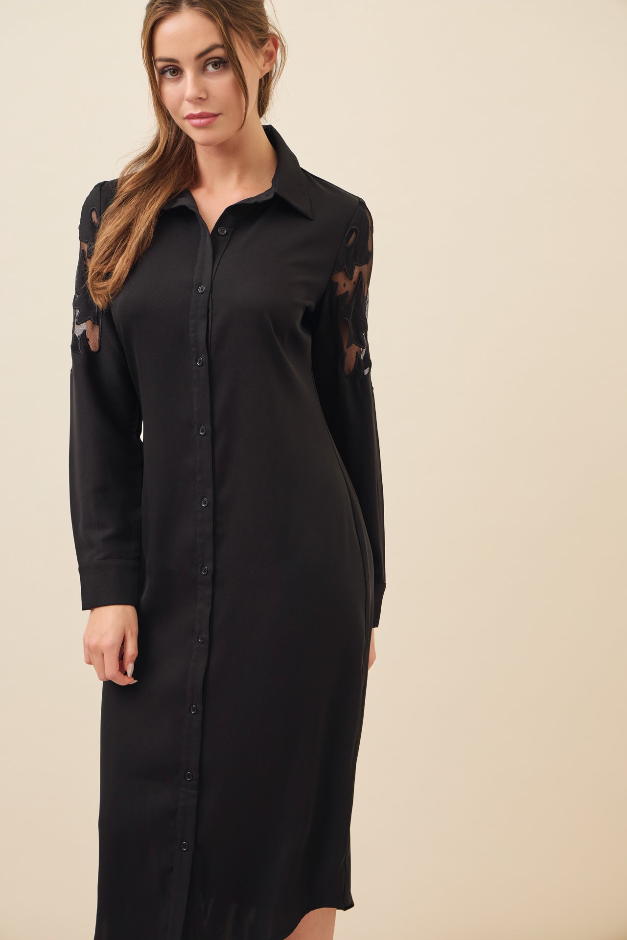 Possibilities Woven Shirt Dress with Mesh Cutout