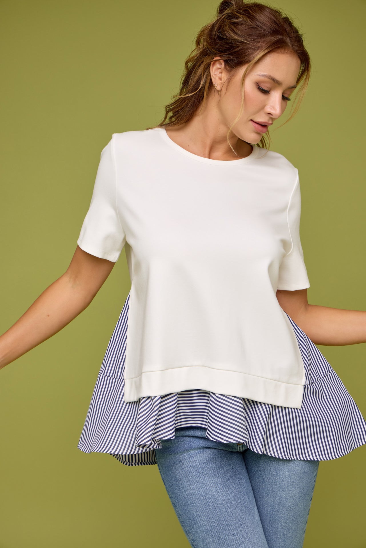 Penelope Short Sleeve Top With Stripe Contrast