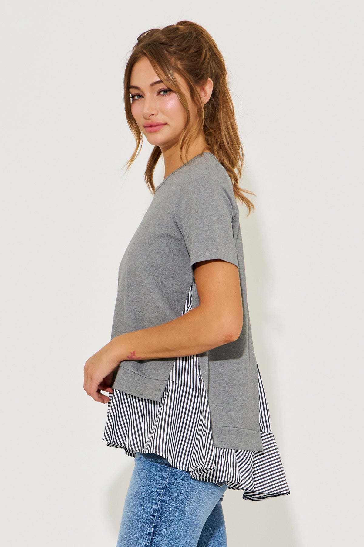 Penelope Short Sleeve Top With Stripe Contrast