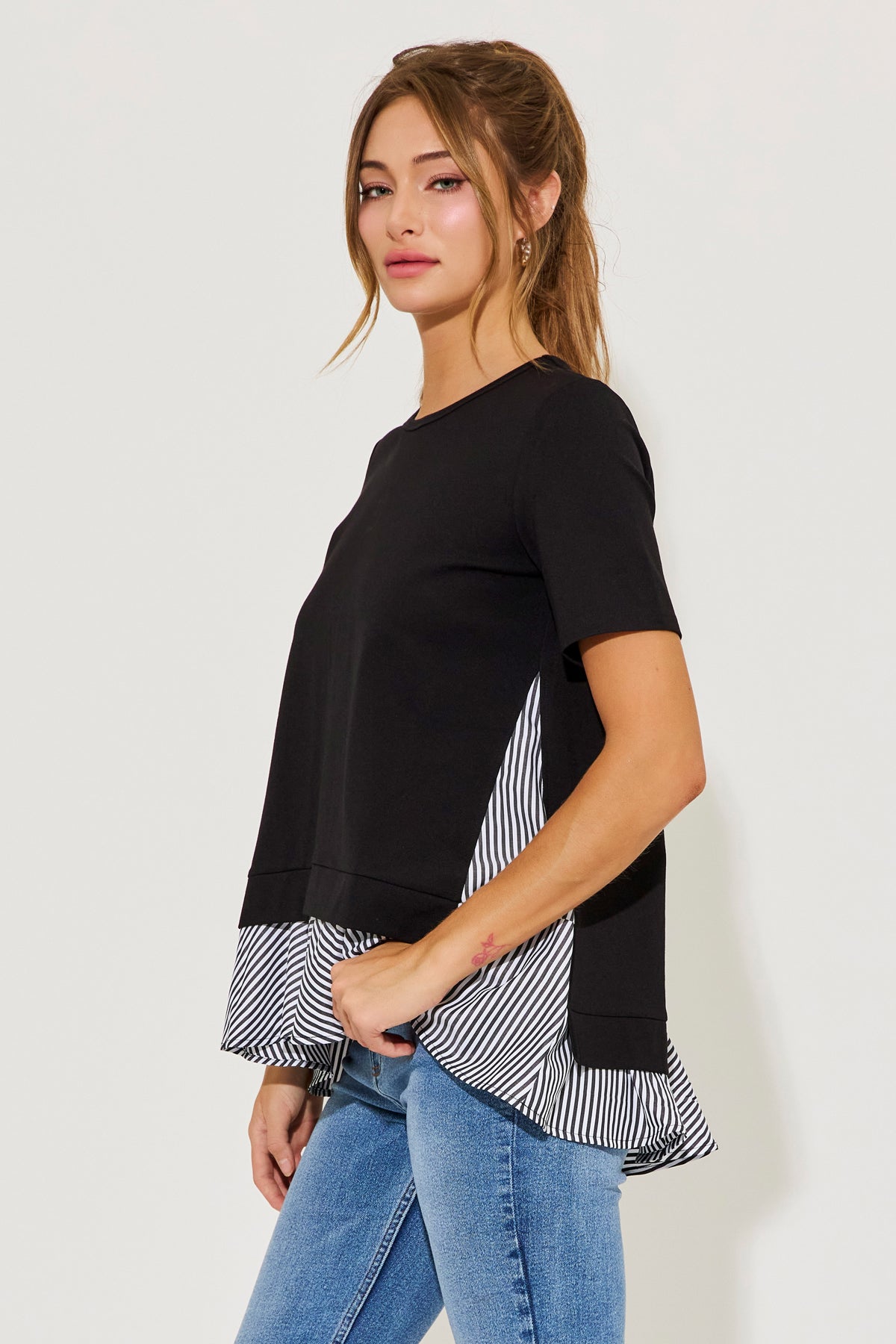 Penelope Short Sleeve Top With Stripe Contrast