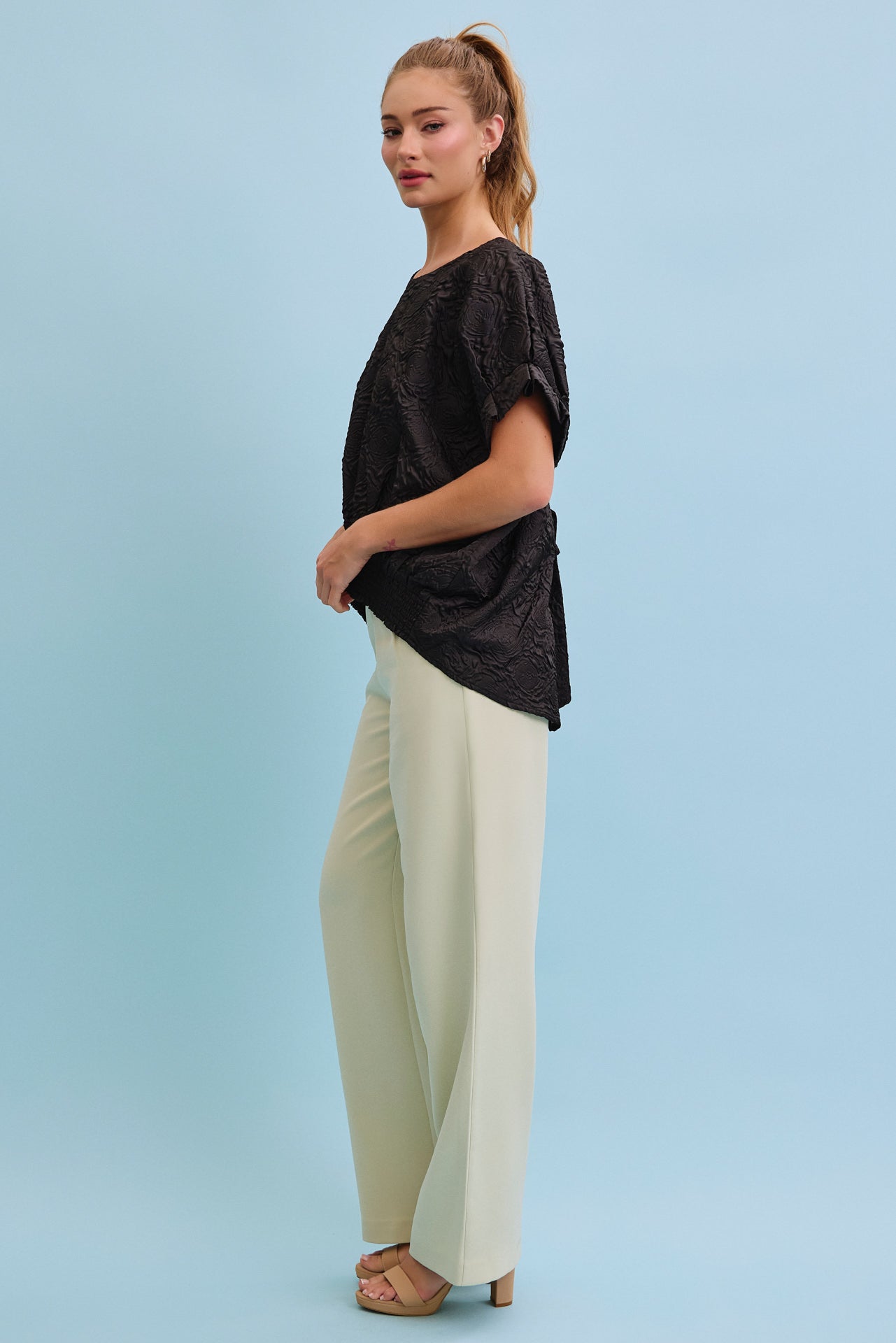 Oversized Dolman Rose Printed Sleeve Tie Back Top