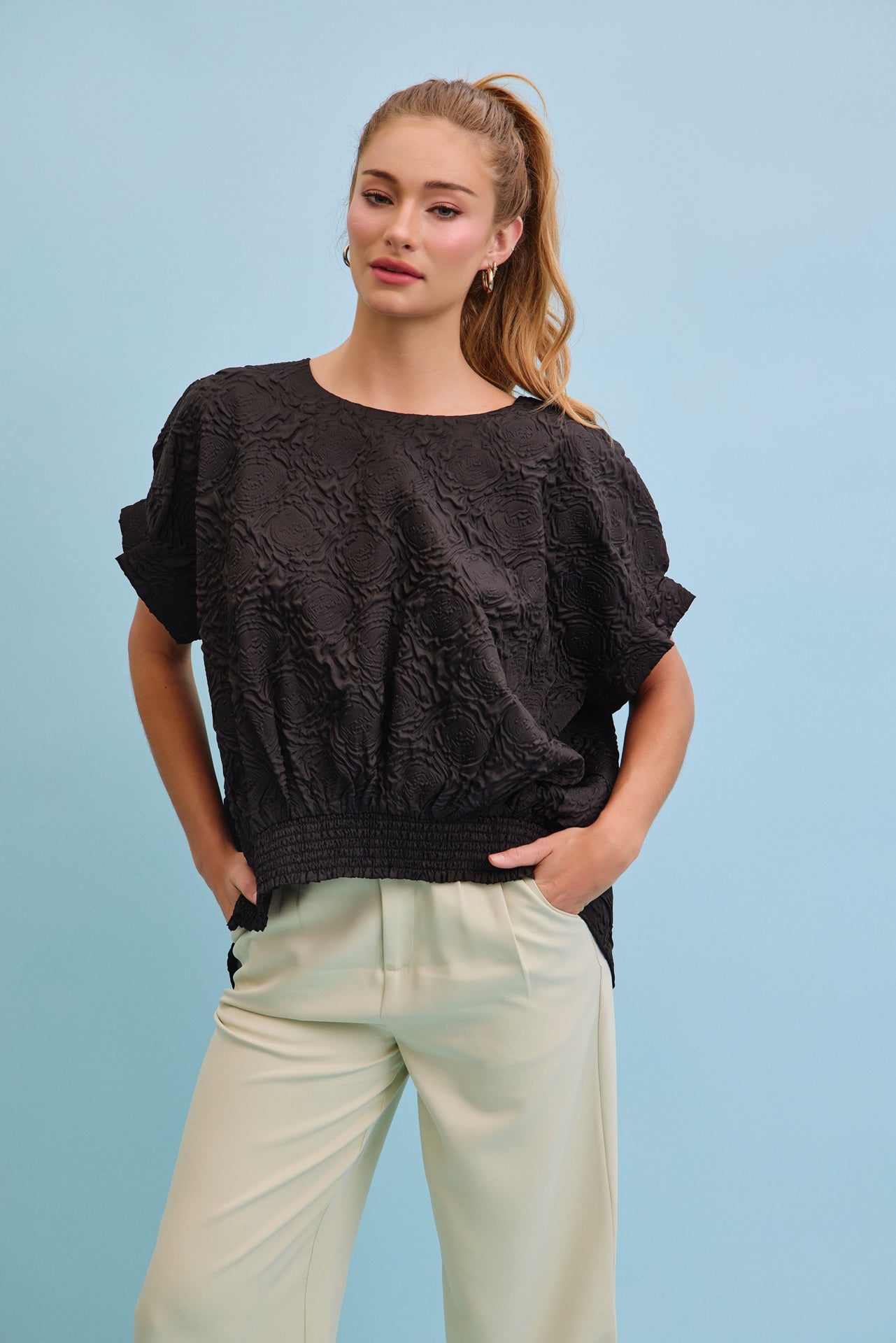 Oversized Dolman Rose Printed Sleeve Tie Back Top