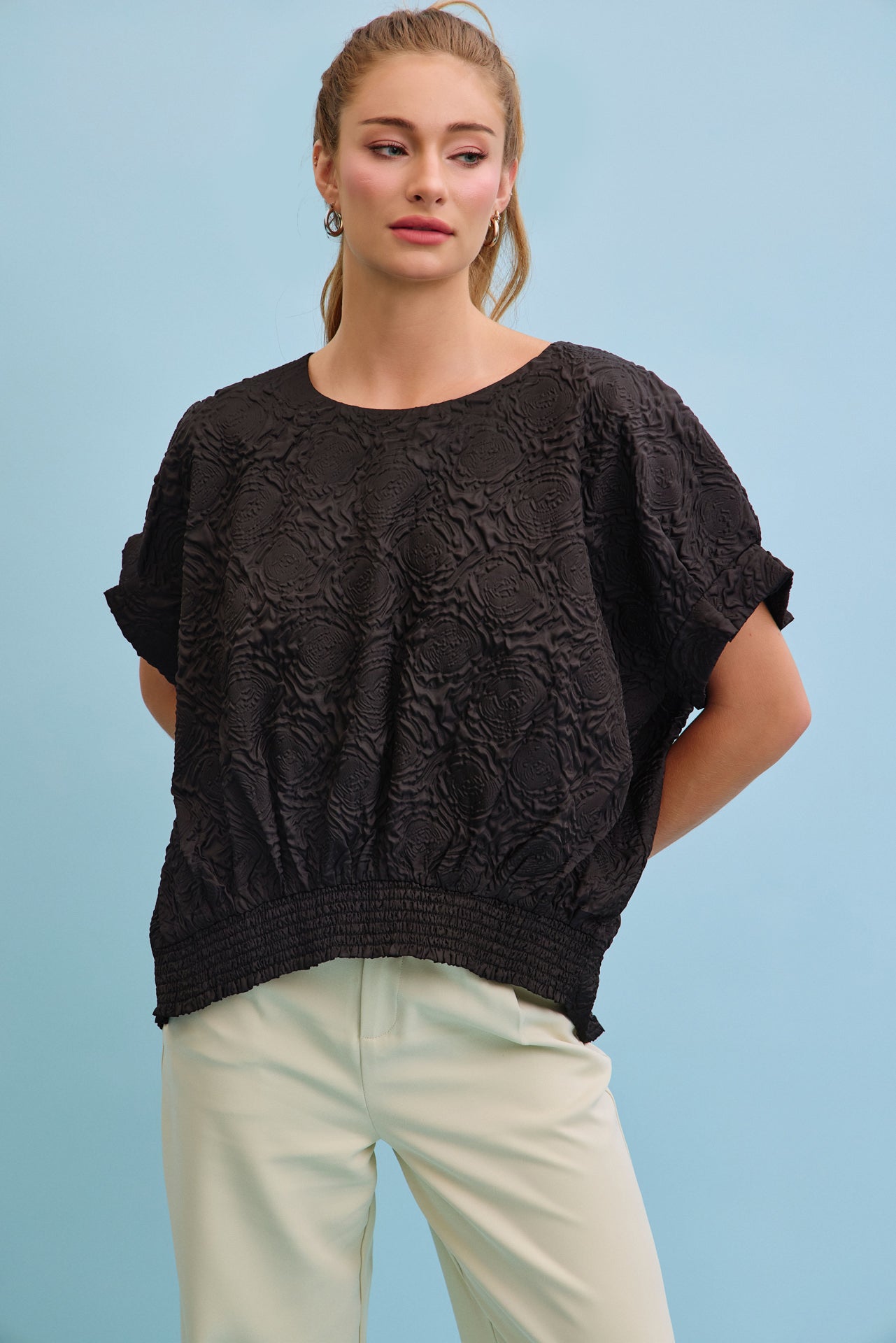 Oversized Dolman Rose Printed Sleeve Tie Back Top