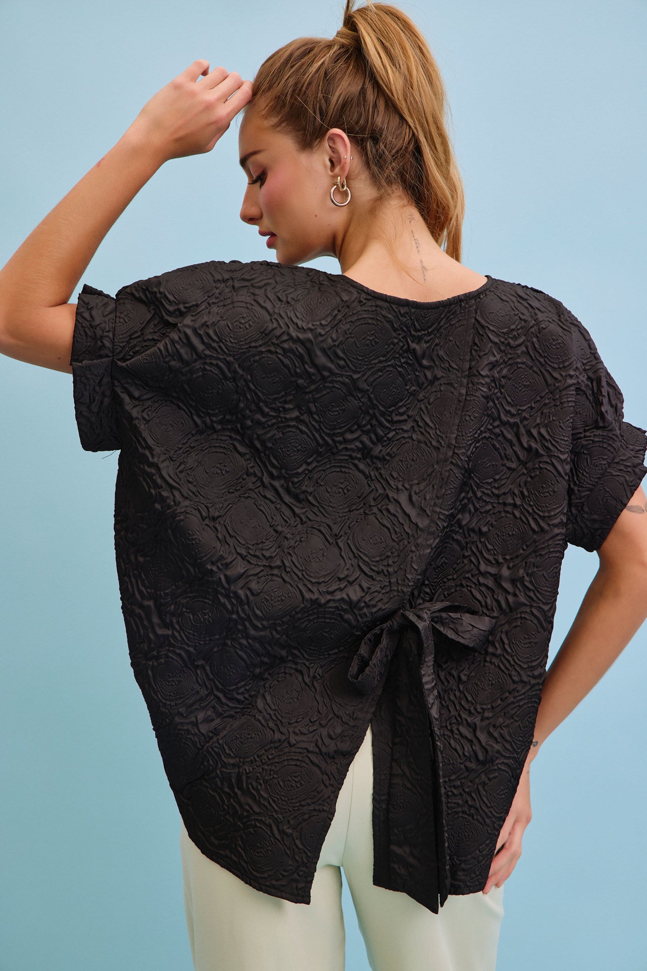 Oversized Dolman Rose Printed Sleeve Tie Back Top