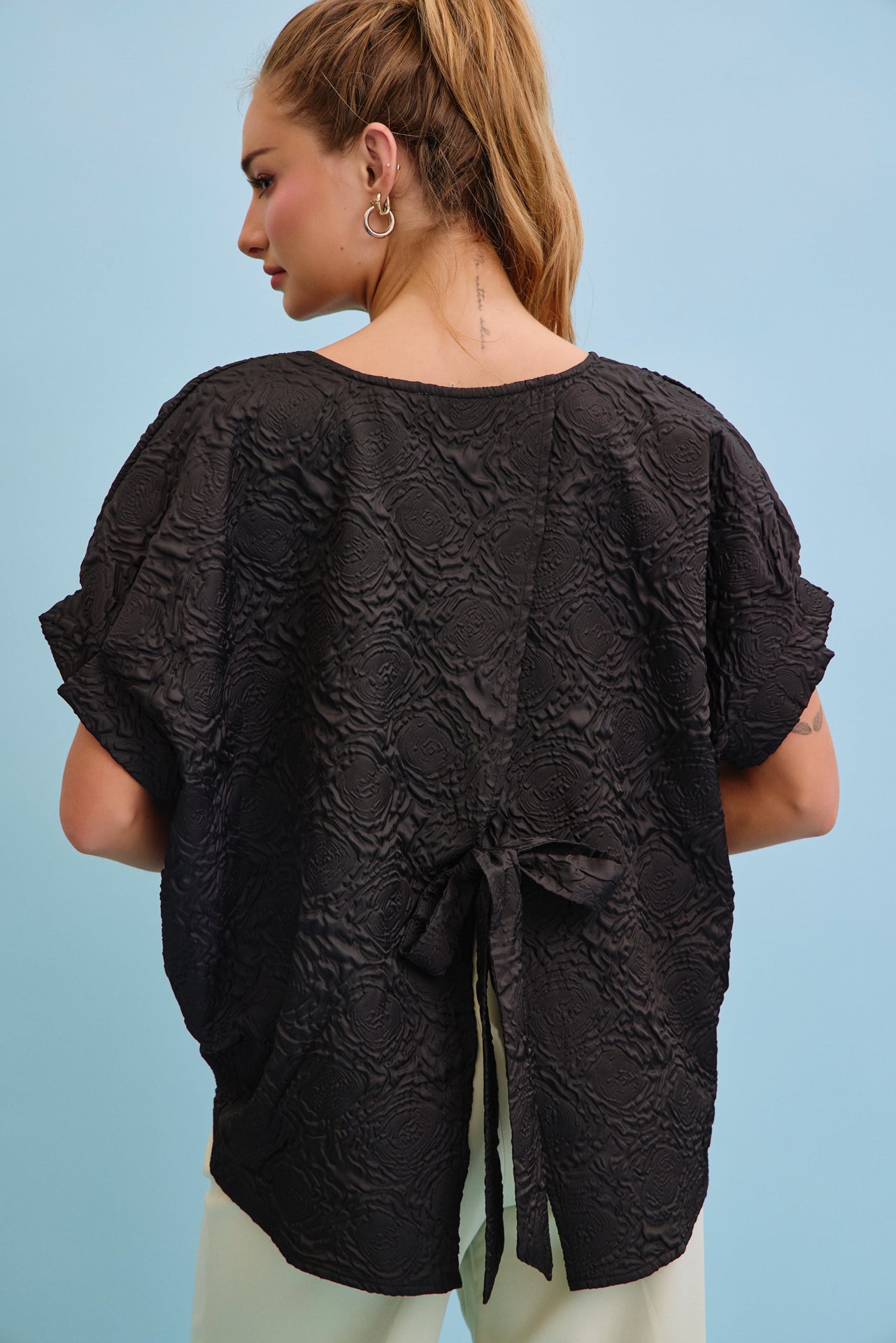 Oversized Dolman Rose Printed Sleeve Tie Back Top