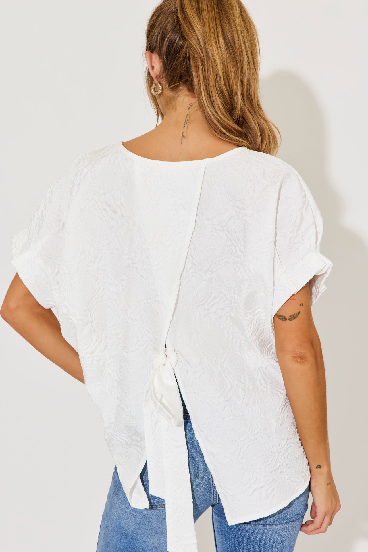 Oversized Dolman Rose Printed Sleeve Tie Back Top