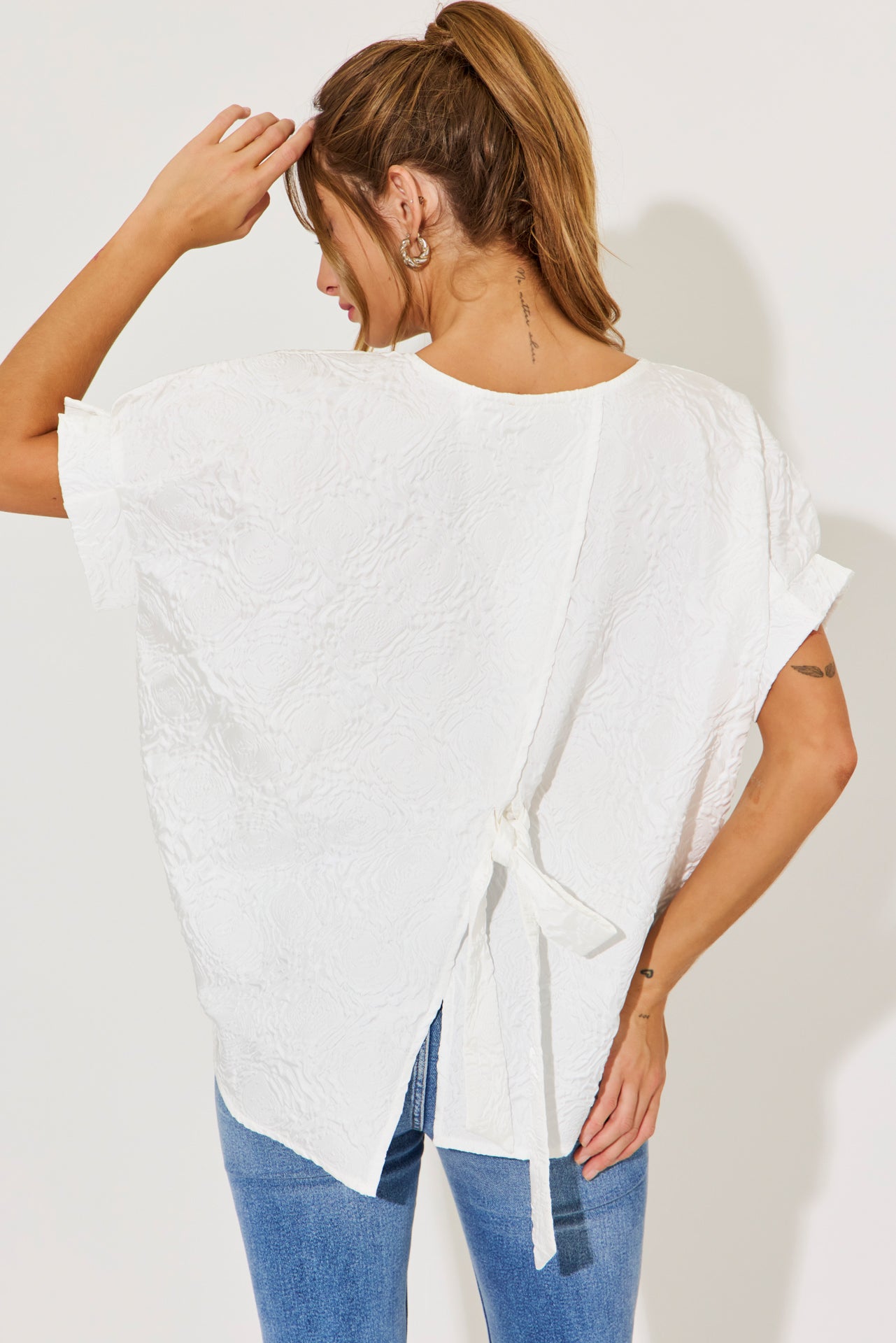 Oversized Dolman Rose Printed Sleeve Tie Back Top