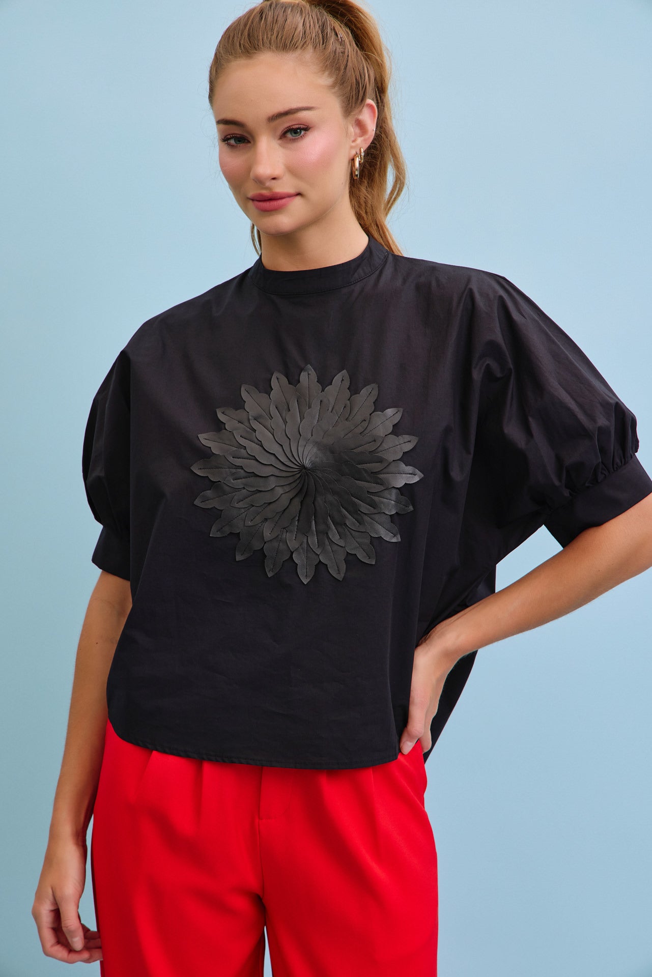 Aurielle Woven Short Sleeve With Pu Patch