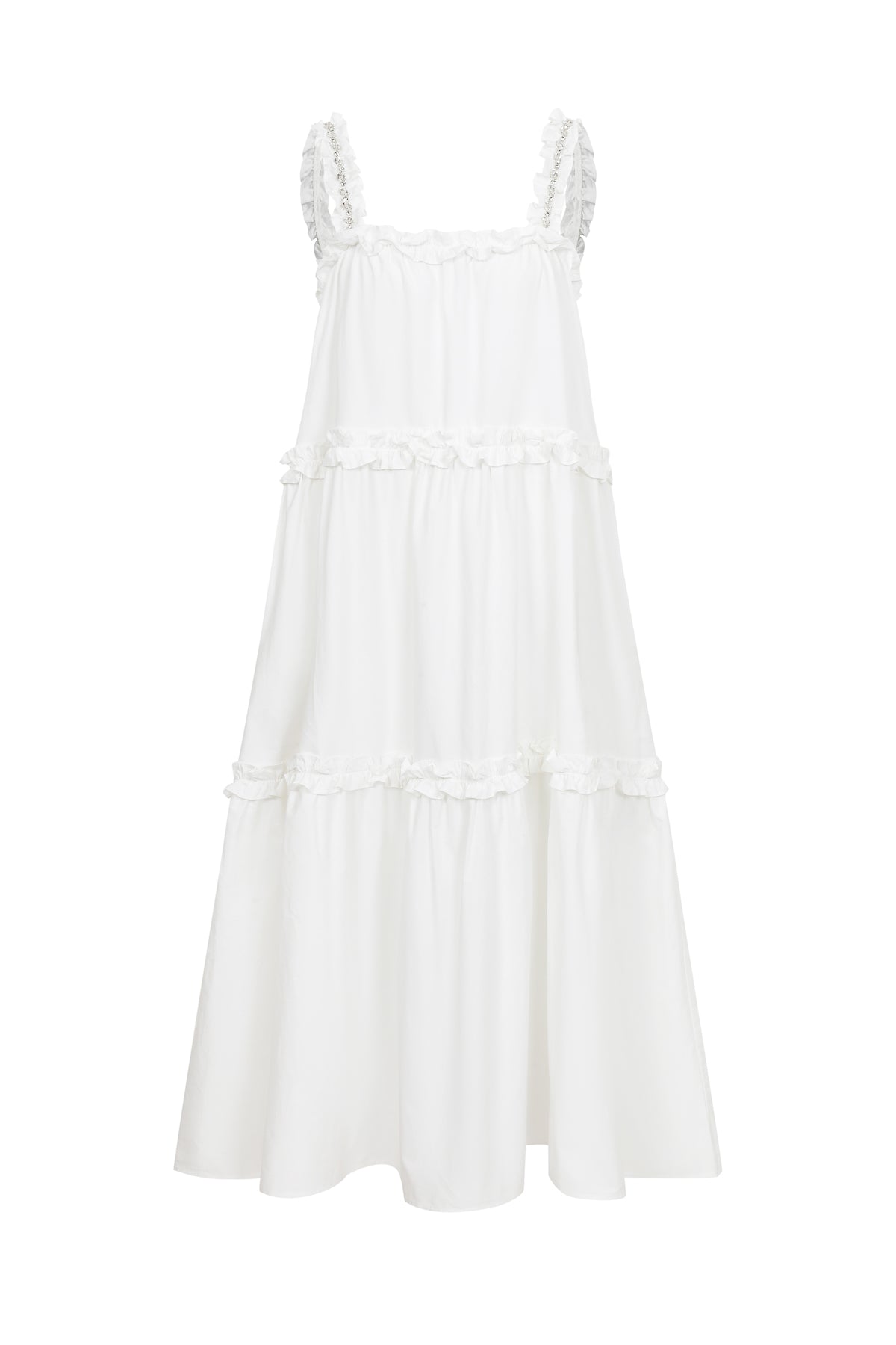 Ethereal Ruffle Elegance Dress With Rhinestone Detail