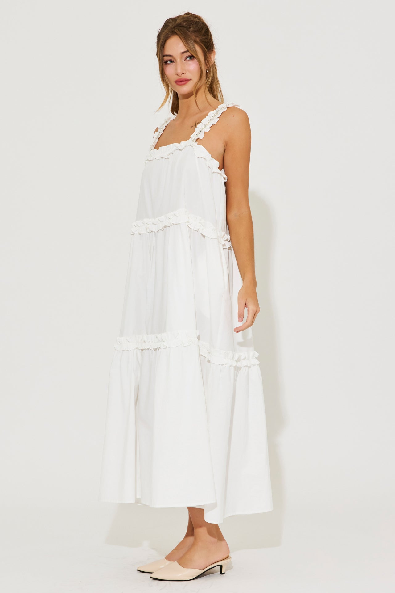 Ethereal Ruffle Elegance Dress With Rhinestone Detail