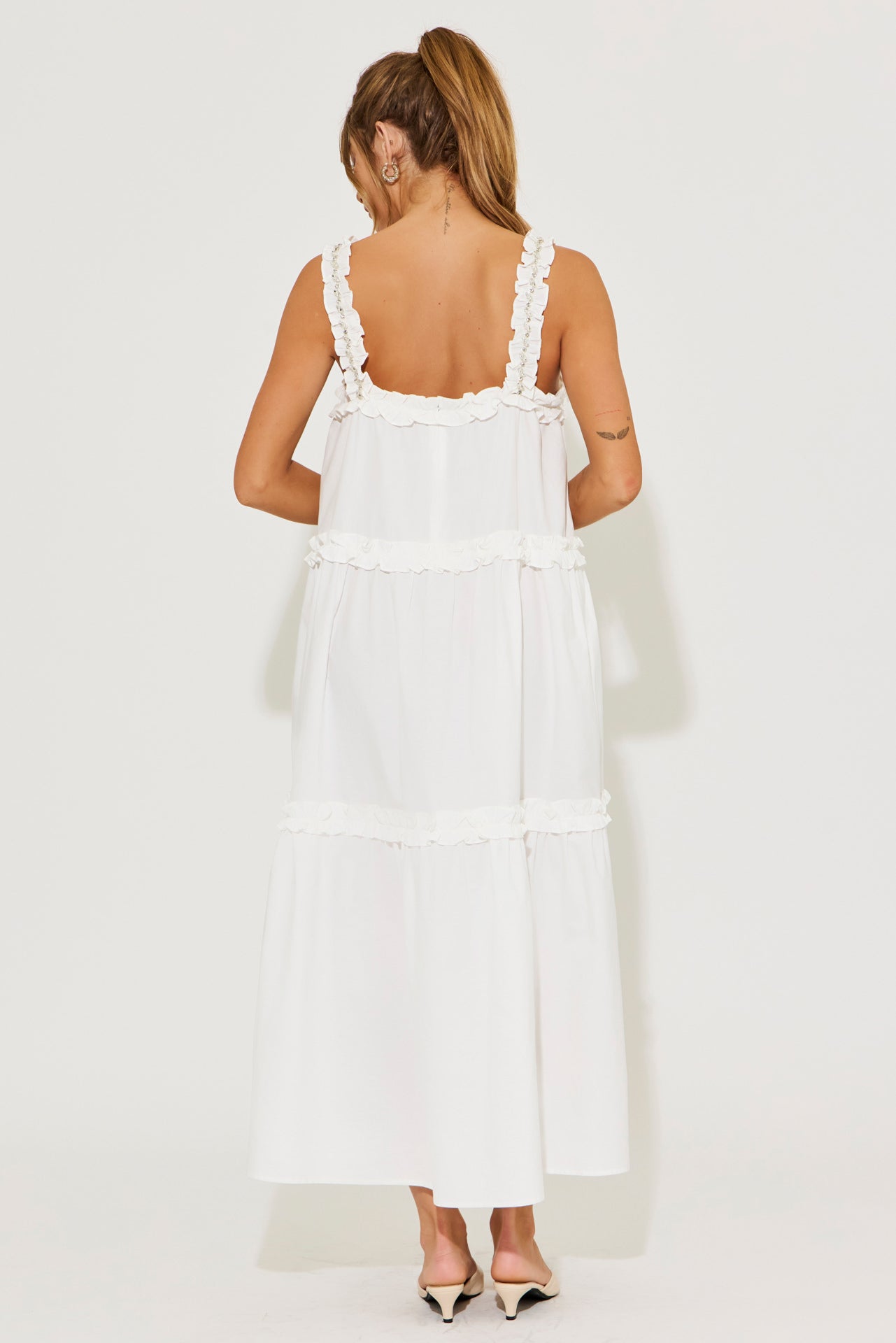 Ethereal Ruffle Elegance Dress With Rhinestone Detail
