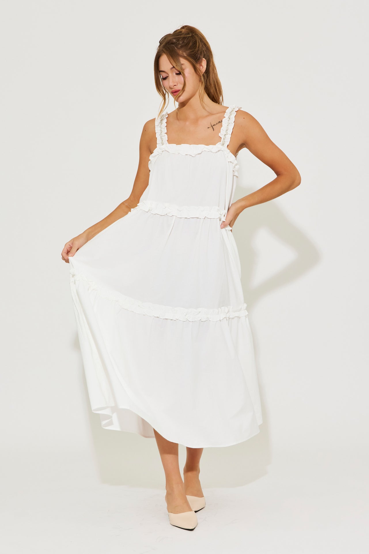 Ethereal Ruffle Elegance Dress With Rhinestone Detail