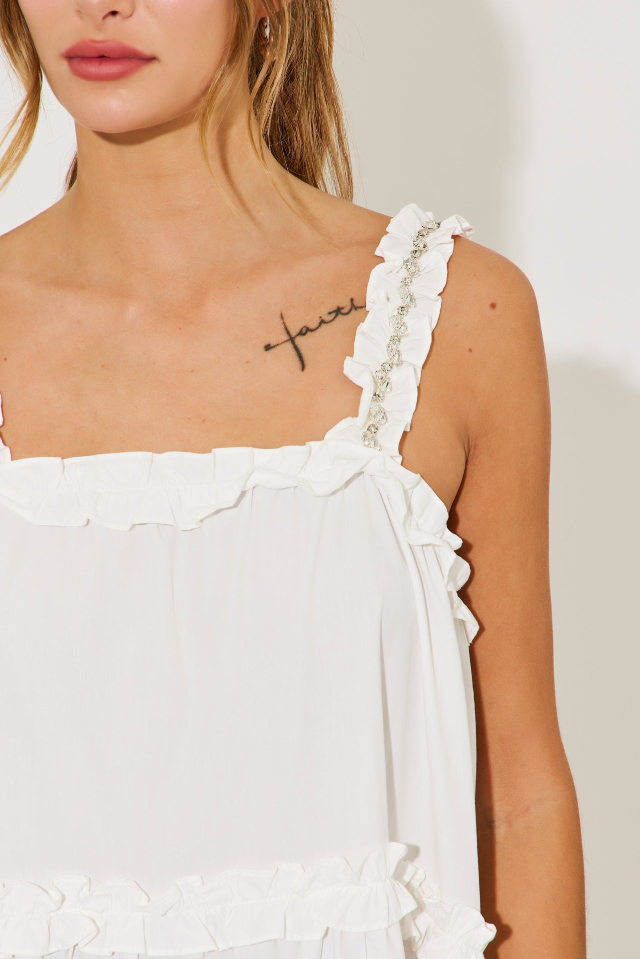 Ethereal Ruffle Elegance Dress With Rhinestone Detail