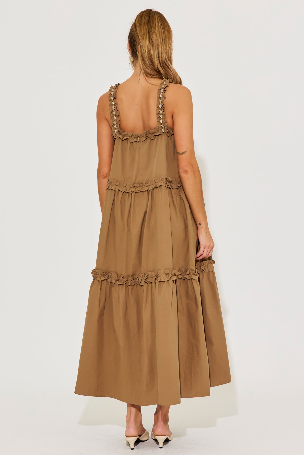 Ethereal Ruffle Elegance Dress With Rhinestone Detail