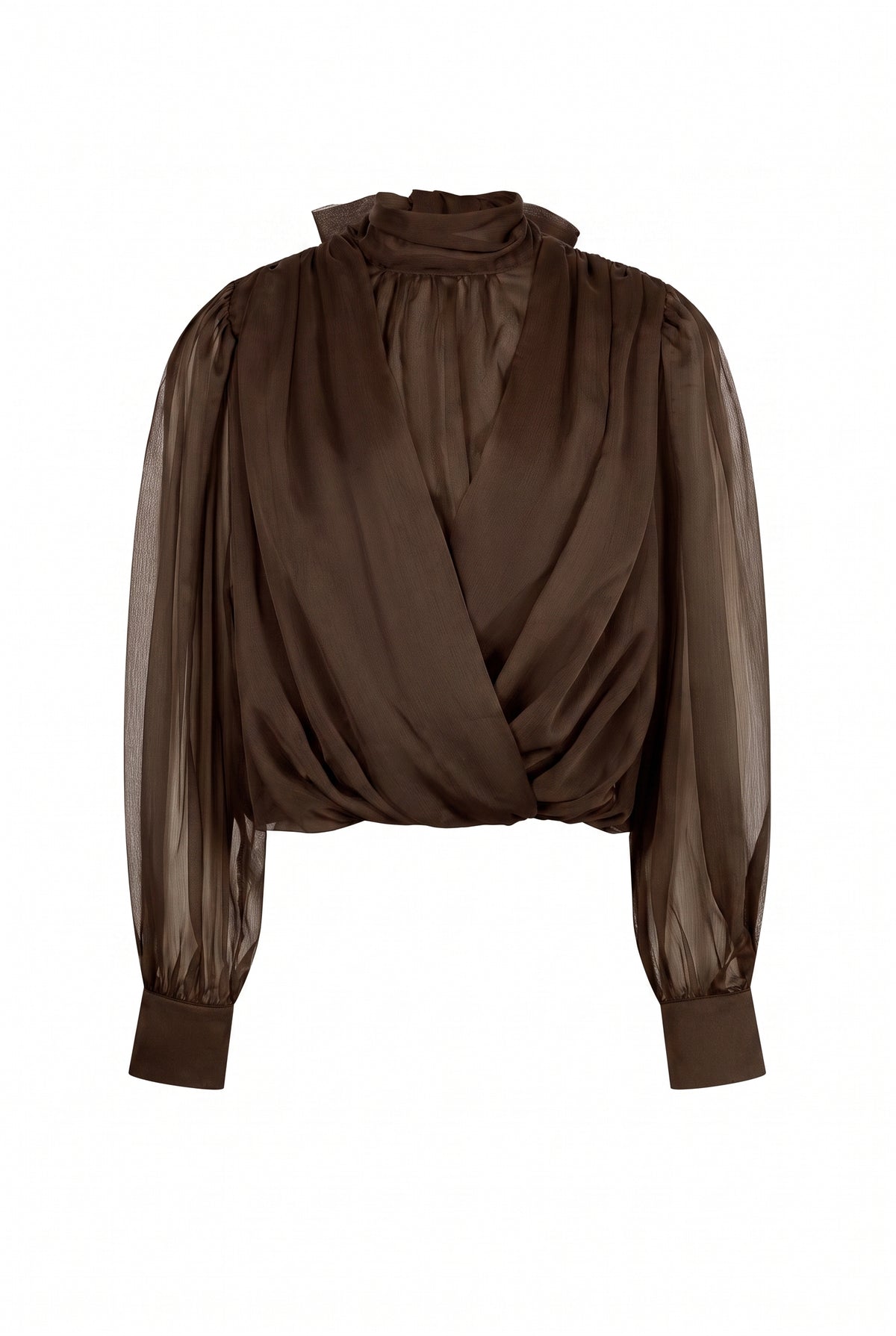 Semi Sheer Drapey Crossover Long Sleeve Blouse