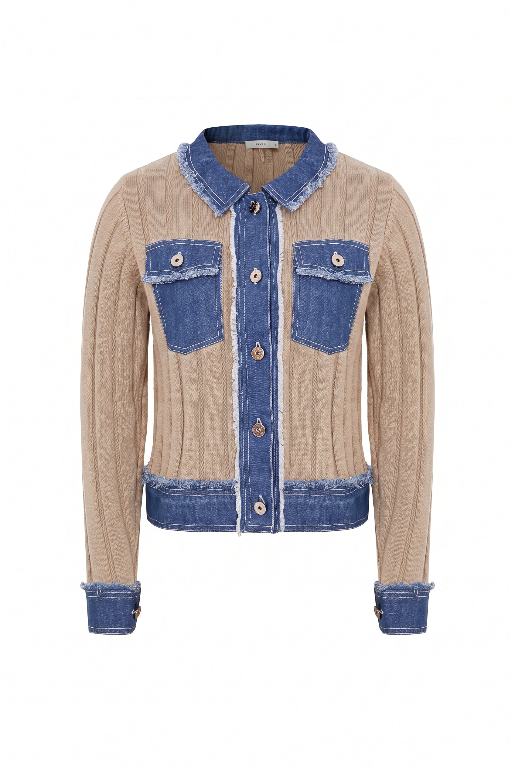 Rib Knit Denim Look Jacket With Contrast