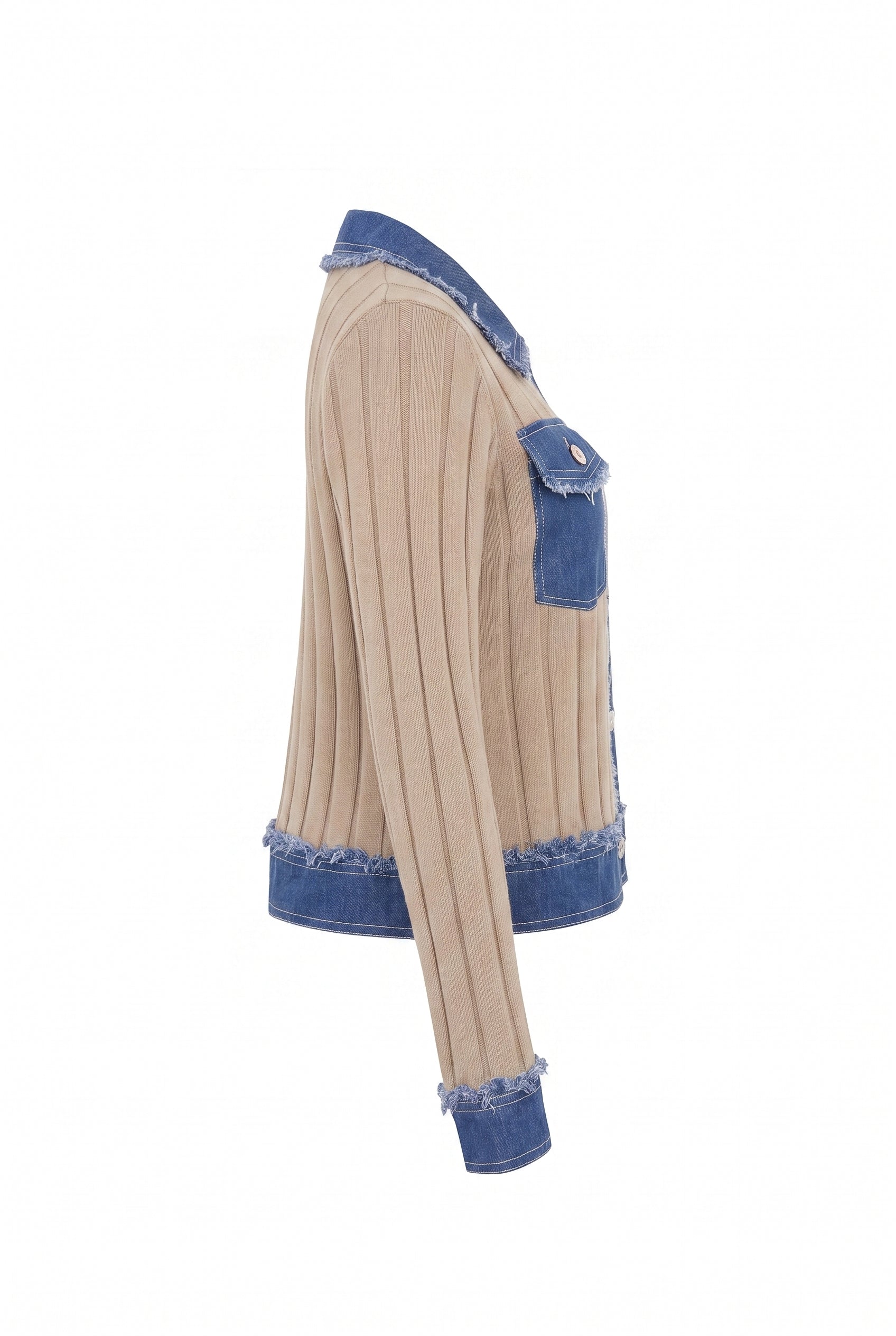 Rib Knit Denim Look Jacket With Contrast