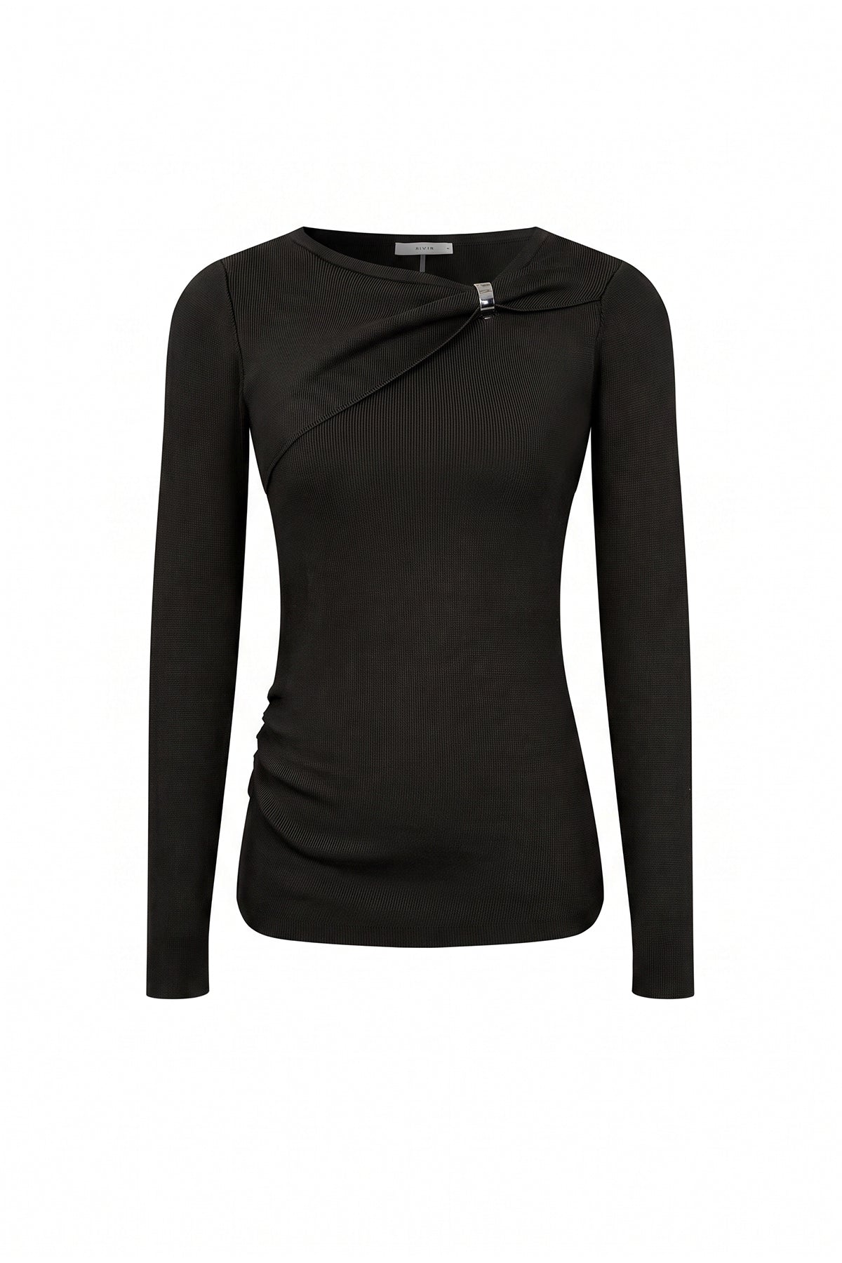 Knit Long Sleeve Top With Asymmetric Neck line And Gold Trim
