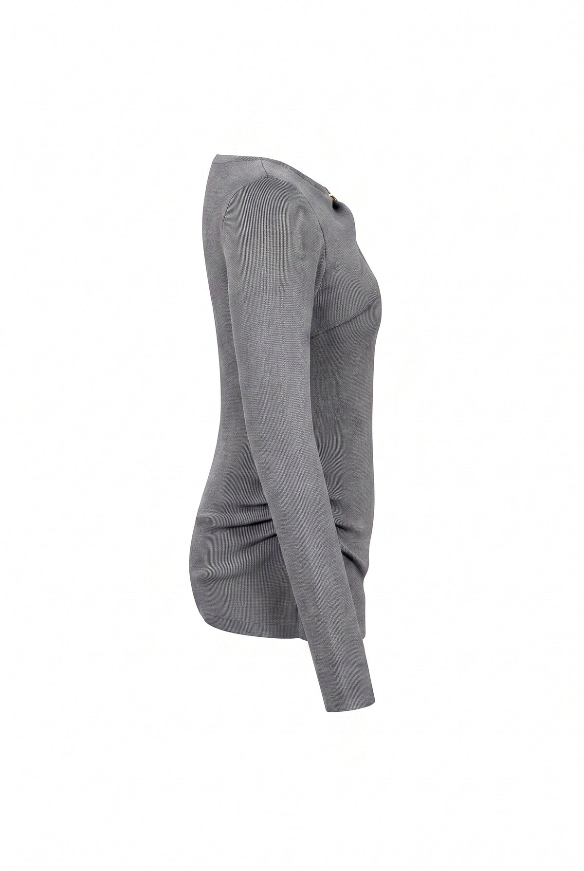 Knit Long Sleeve Top With Asymmetric Neck line And Gold Trim