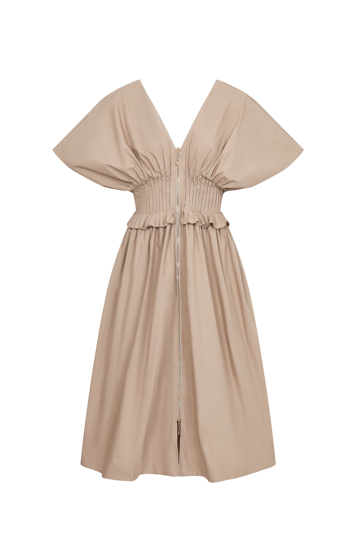 V Neck Zip Front Solid Poplin Midi Dress