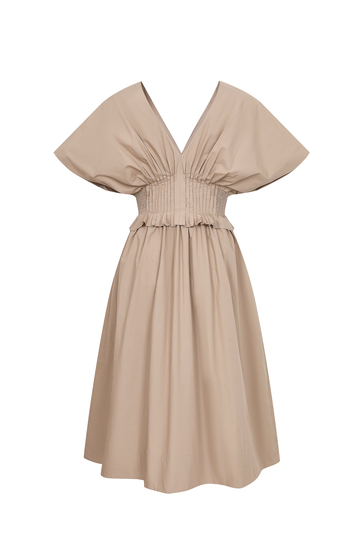 V Neck Zip Front Solid Poplin Midi Dress