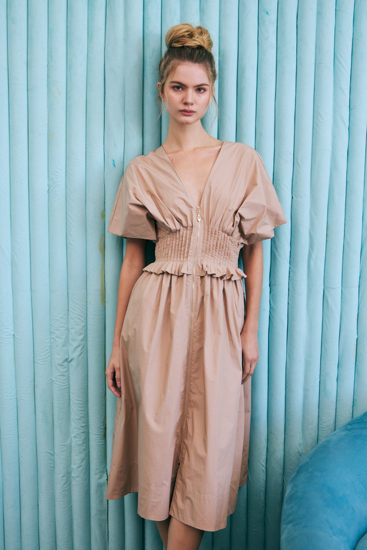 V Neck Zip Front Solid Poplin Midi Dress