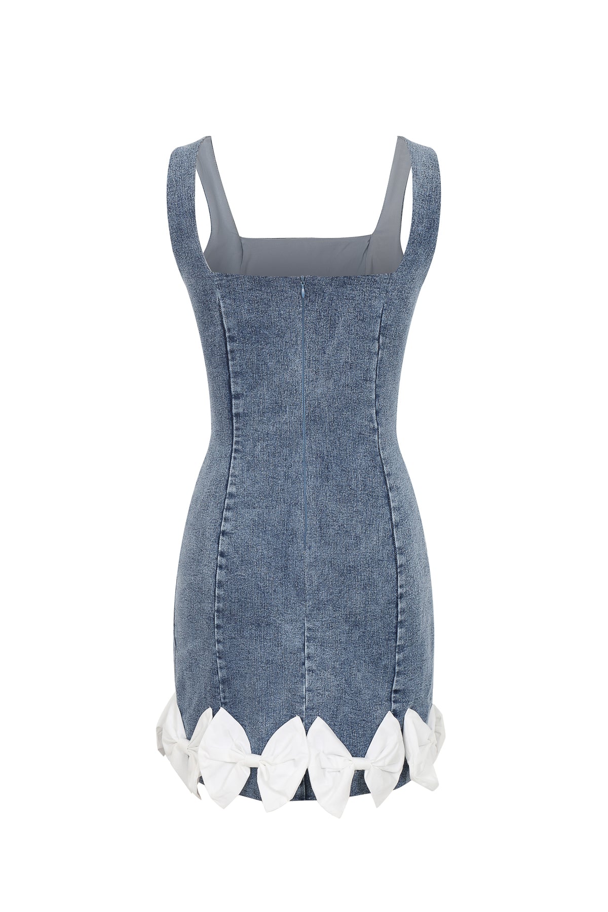Denim Square-neck Mini Dress with Bow Trim