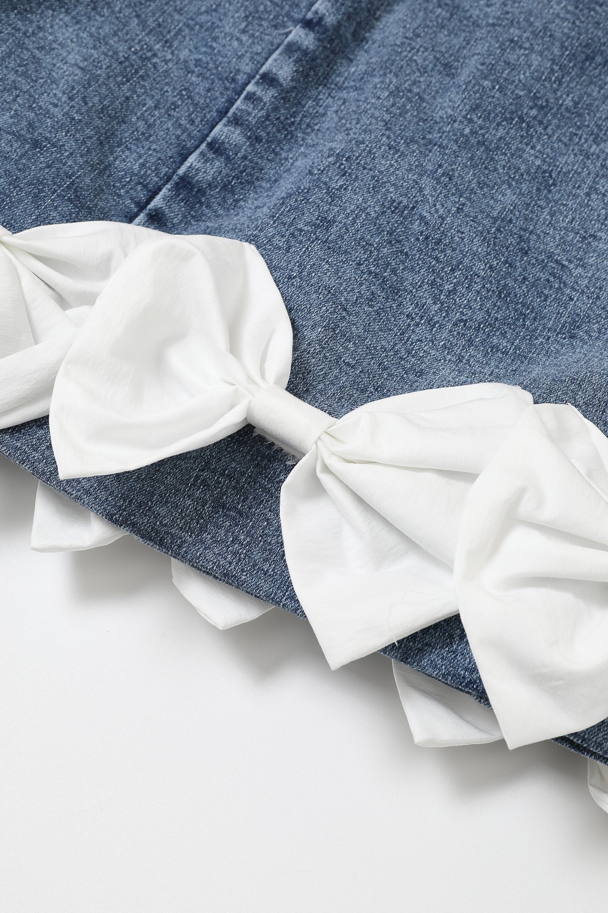 Denim Square-neck Mini Dress with Bow Trim