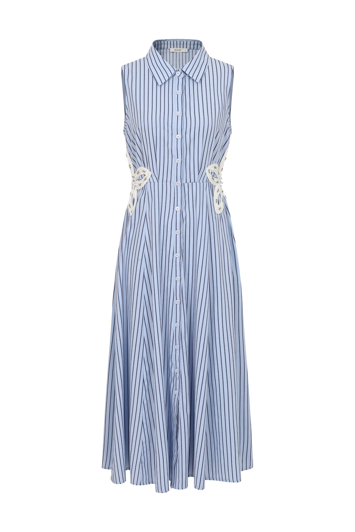 Silk Line Stripe Shirt Midi Dress with Embroidered Cutout
