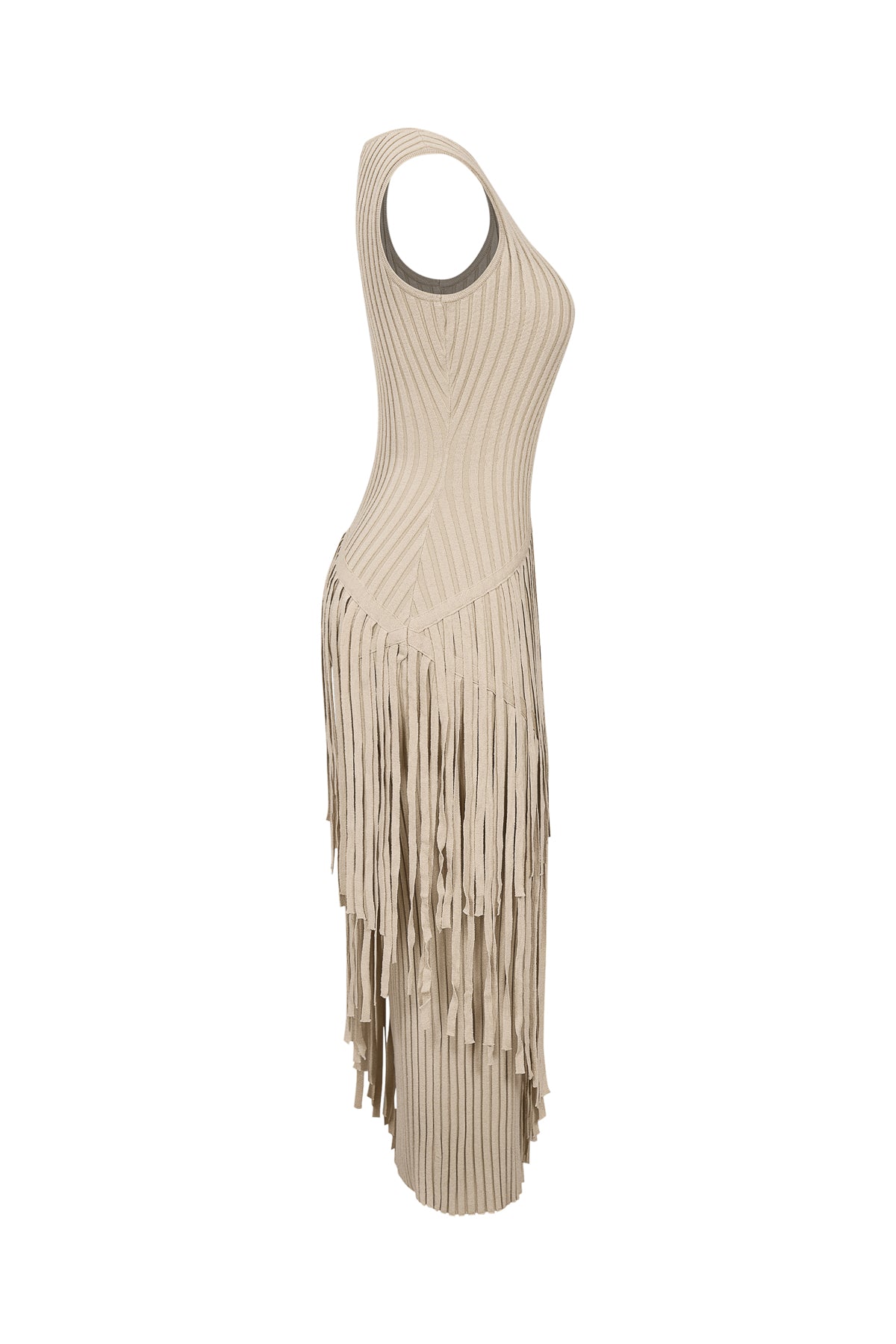 Sleeveless Rib Knit Midi Fringe Dress