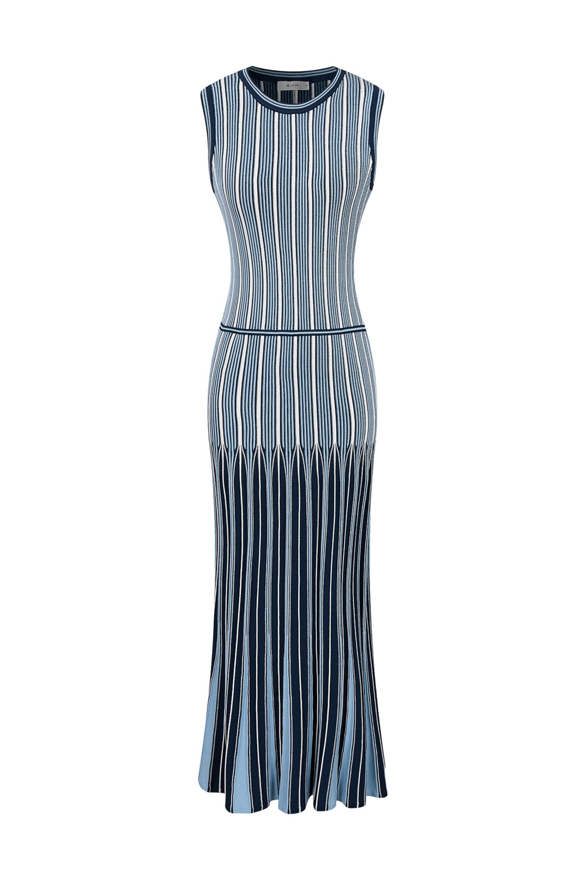 Pinstripe Knit Godet Sleeveless Midi Dress