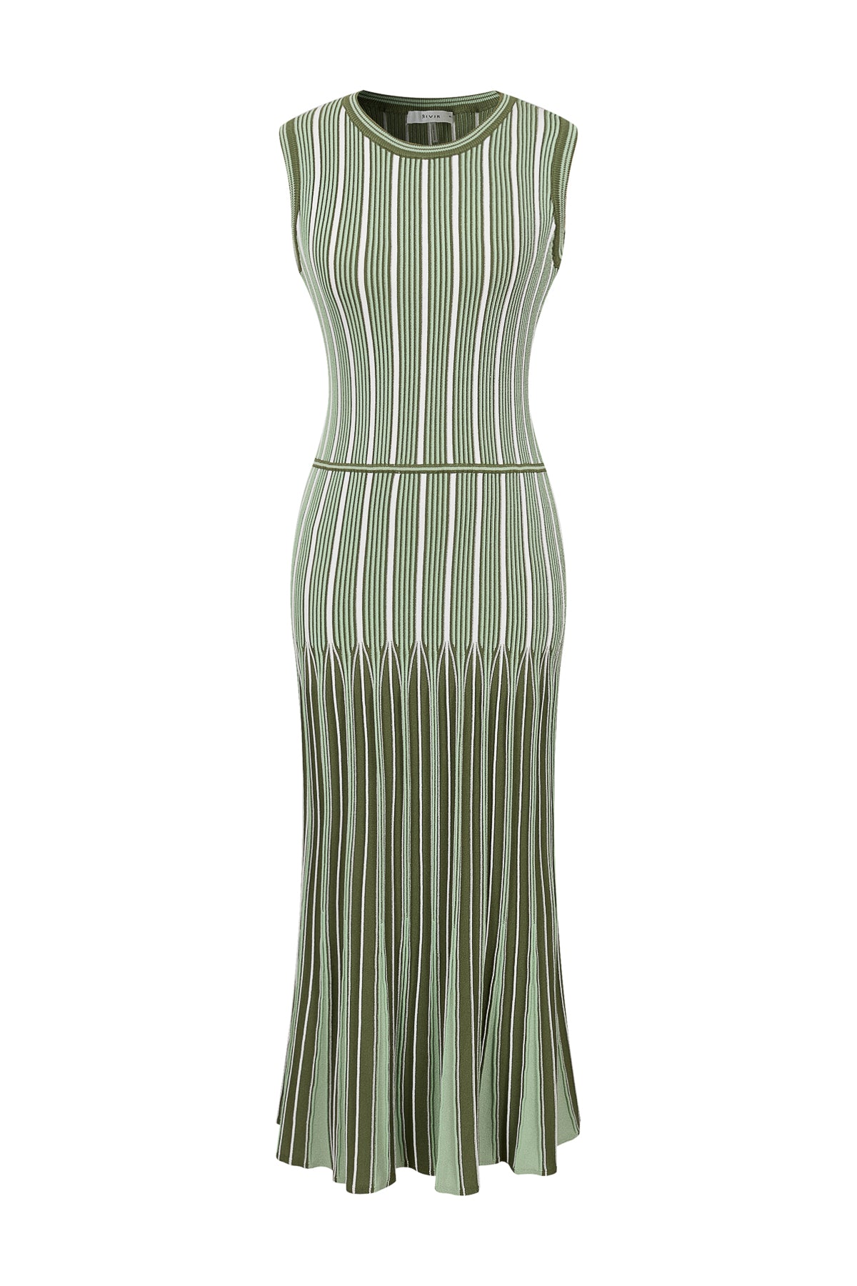 Pinstripe Knit Godet Sleeveless Midi Dress