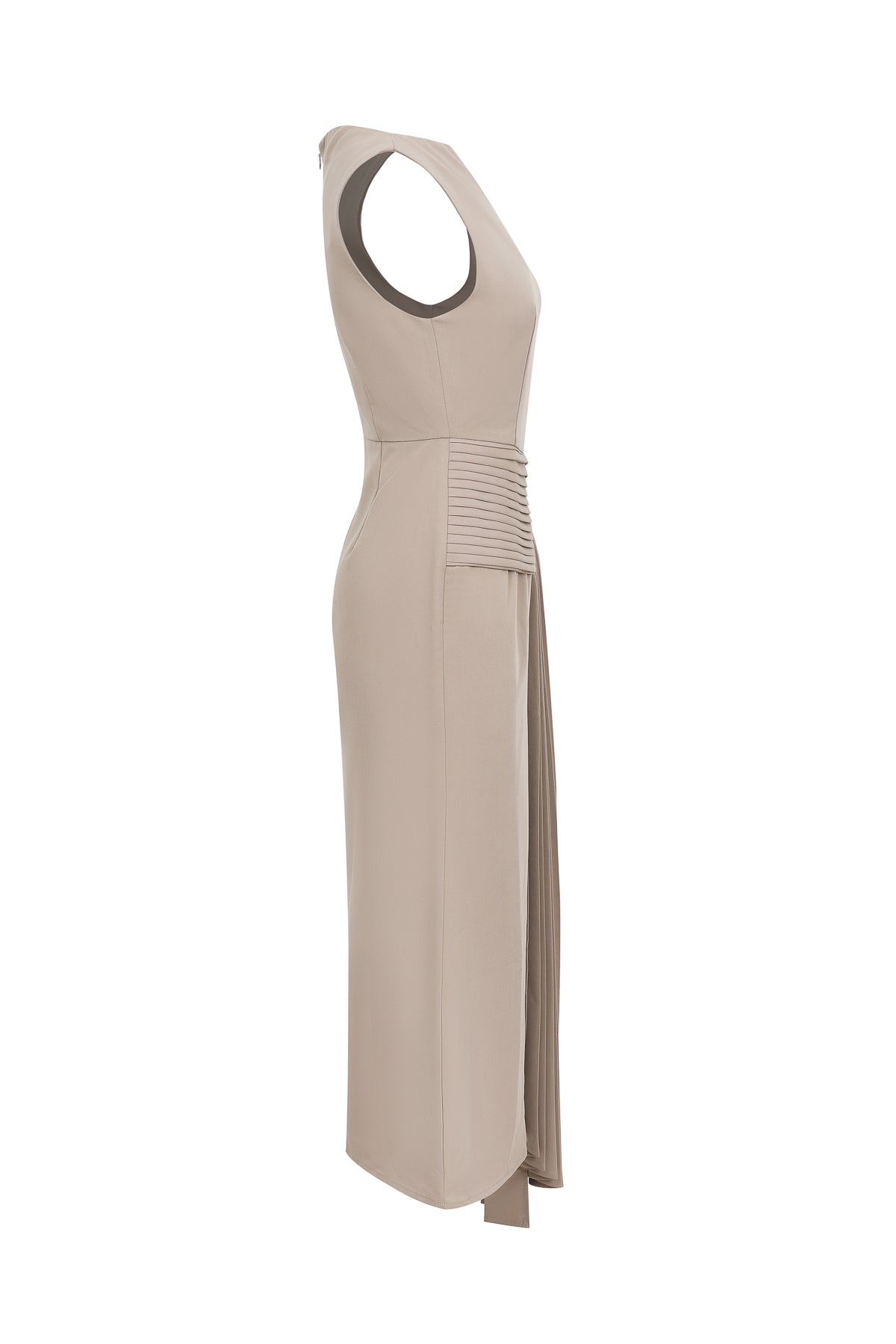 Woven Asymmetrical Midi Dress with Pleated Waist Tie Detail
