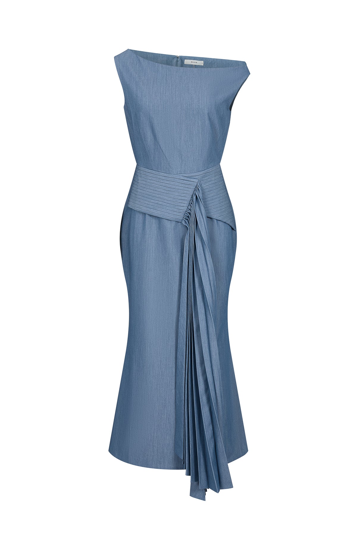 Woven Asymmetrical Midi Dress with Pleated Waist Tie Detail