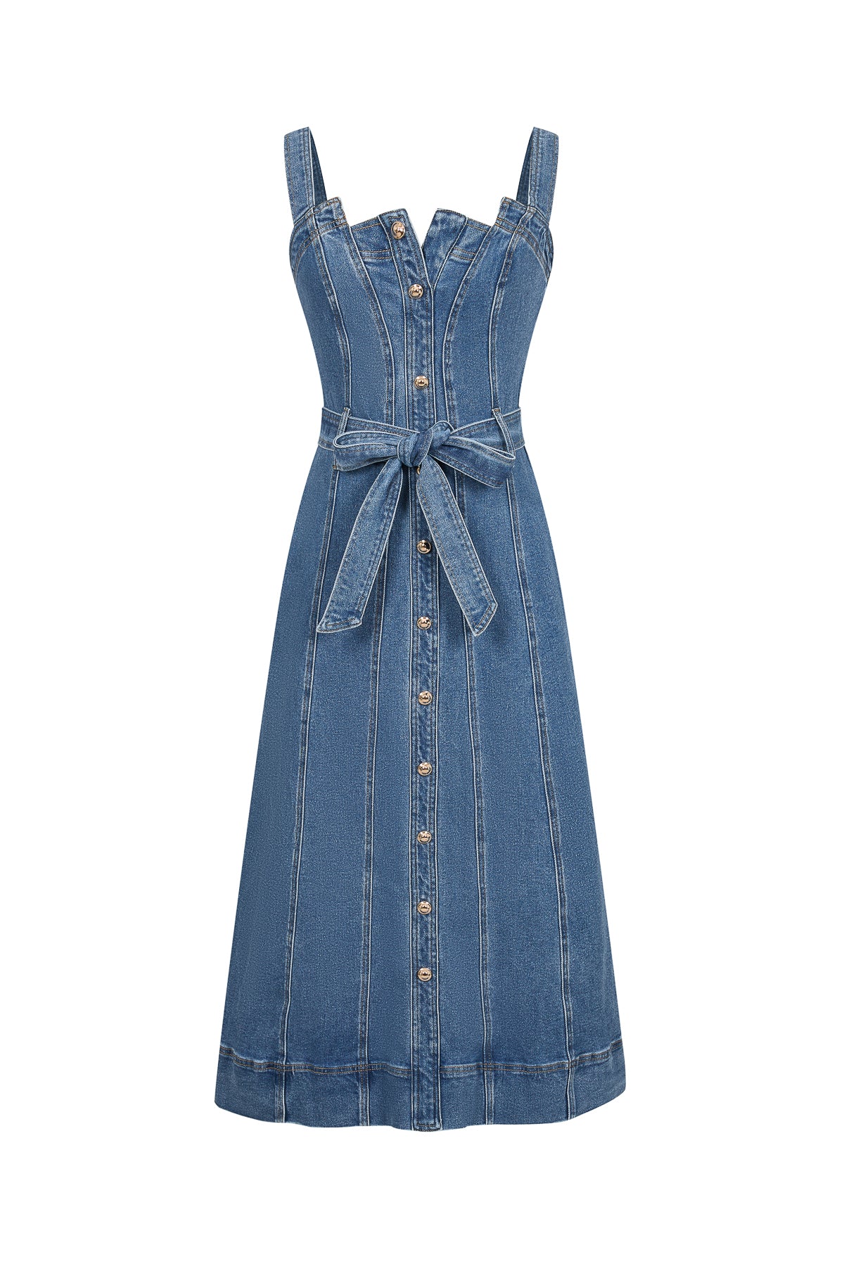 Heloise Denim Sleeveless Button Down Midi Dress with Waist Tie Med Blue / M