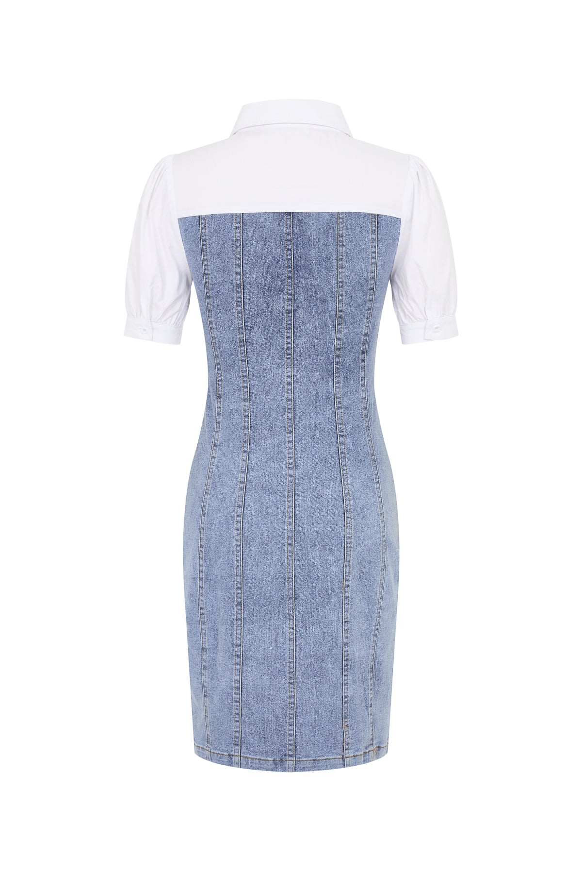 Evie Denim Short Sleeve Dress with Woven Contrast