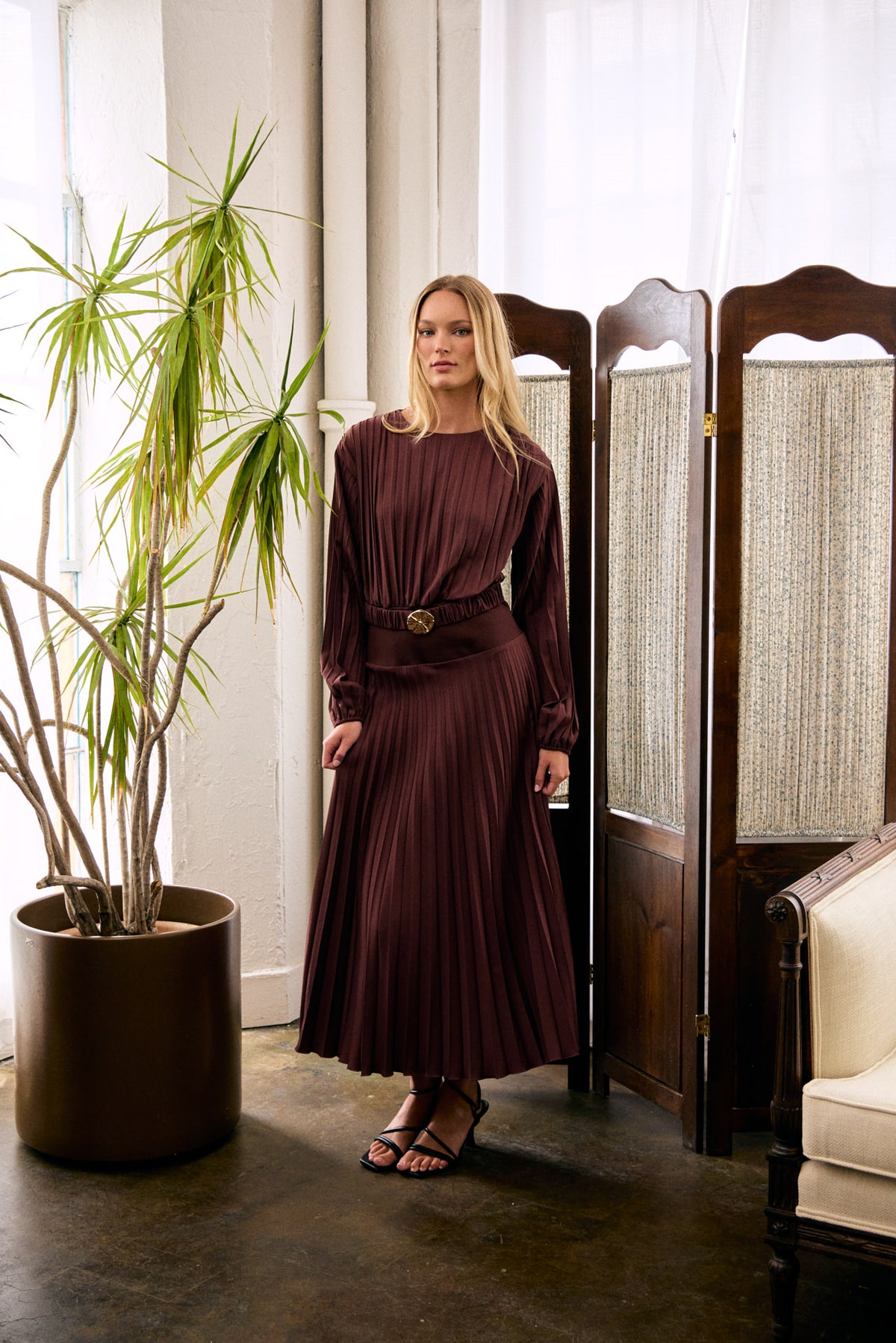 Long Sleeve Pleated Midi Dress with Ruched Belt