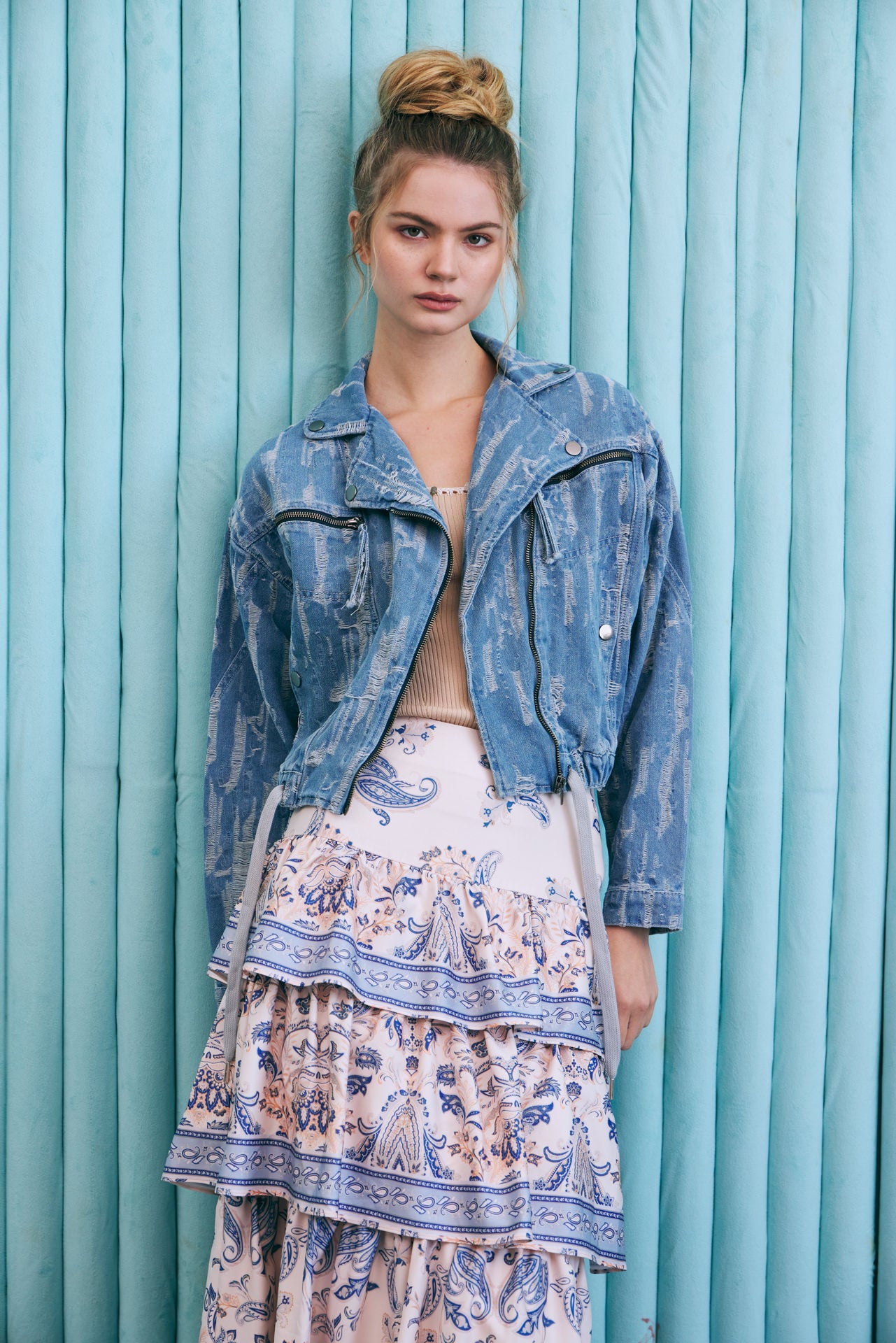 The Moto Denim Jacquard Utility Jacket