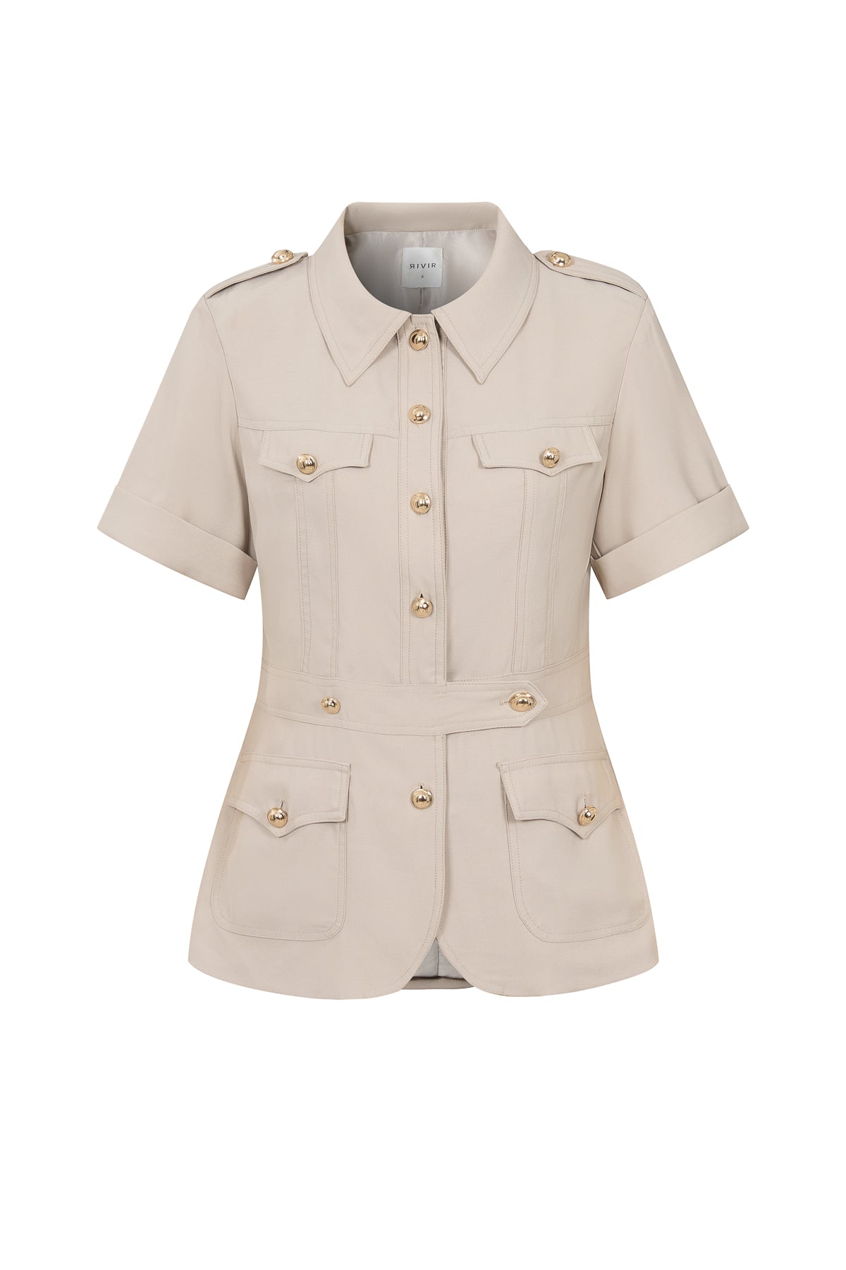Woven Short Sleeve Safari Jacket with Gold Accent Buttons