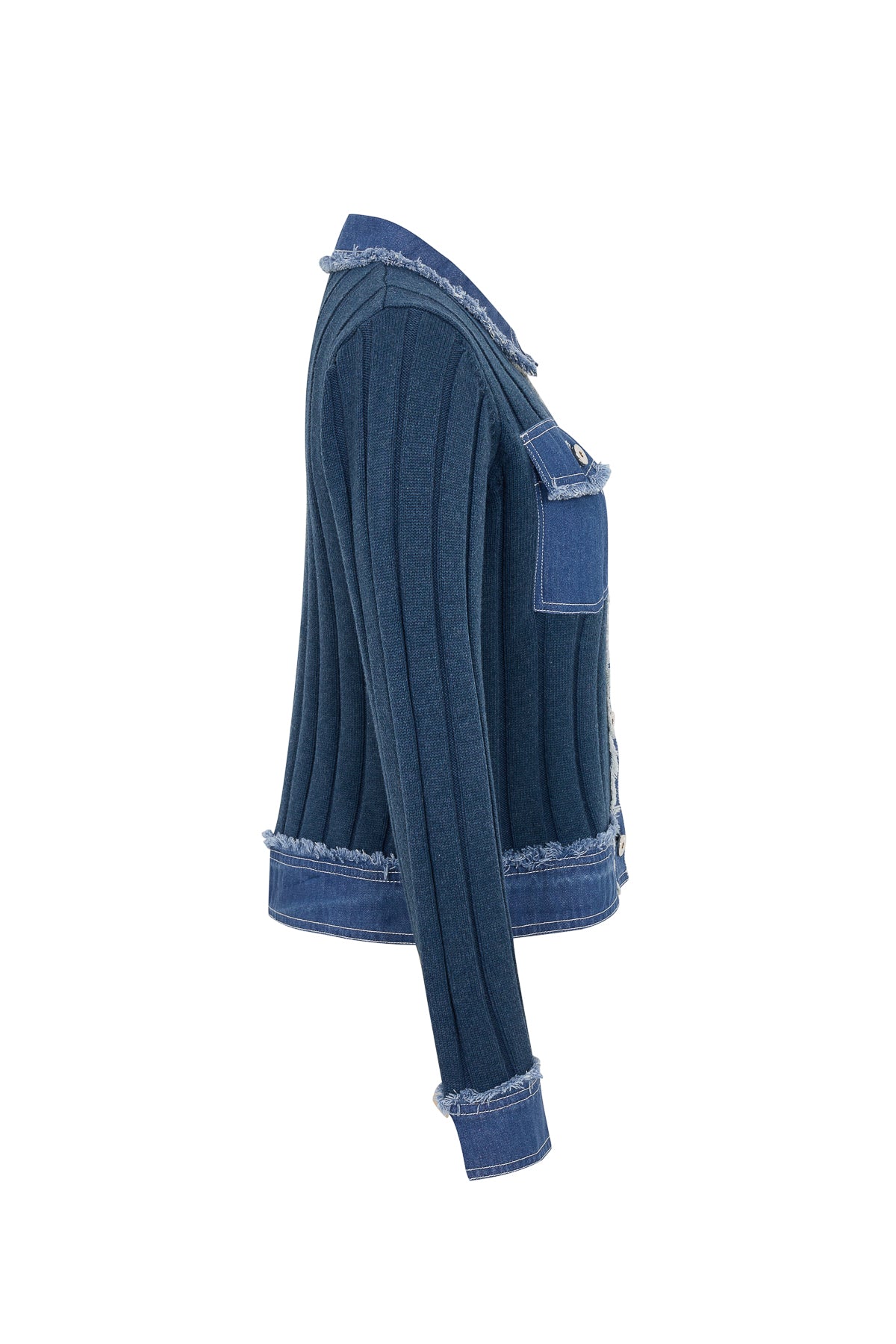 Rib Knit Denim Look Jacket With Contrast
