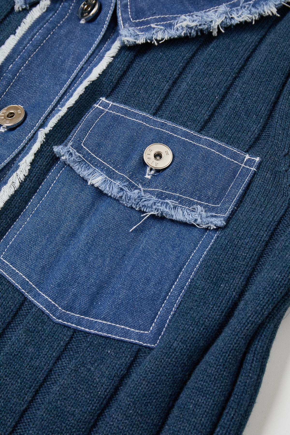 Rib Knit Denim Look Jacket With Contrast