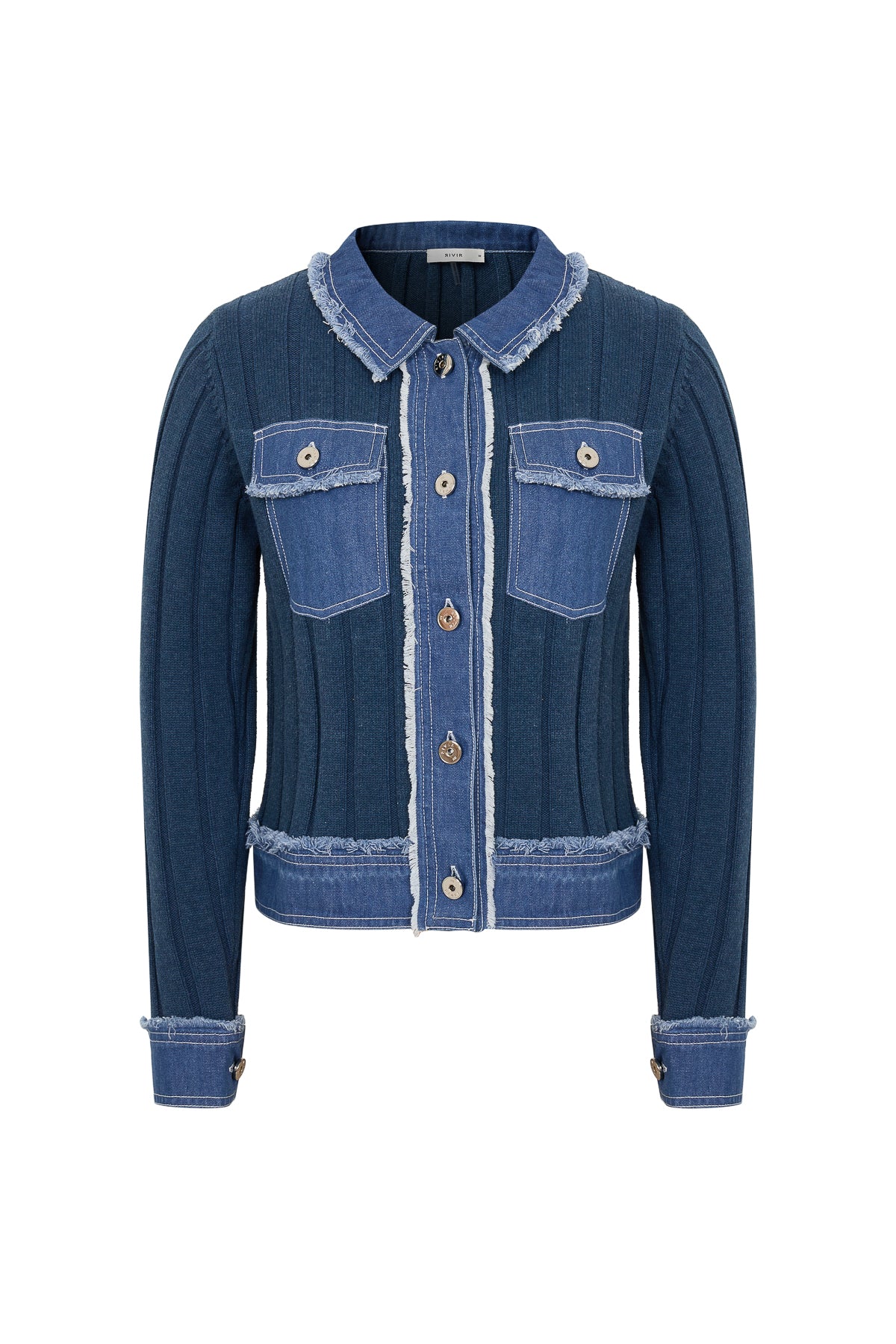 Rib Knit Denim Look Jacket With Contrast
