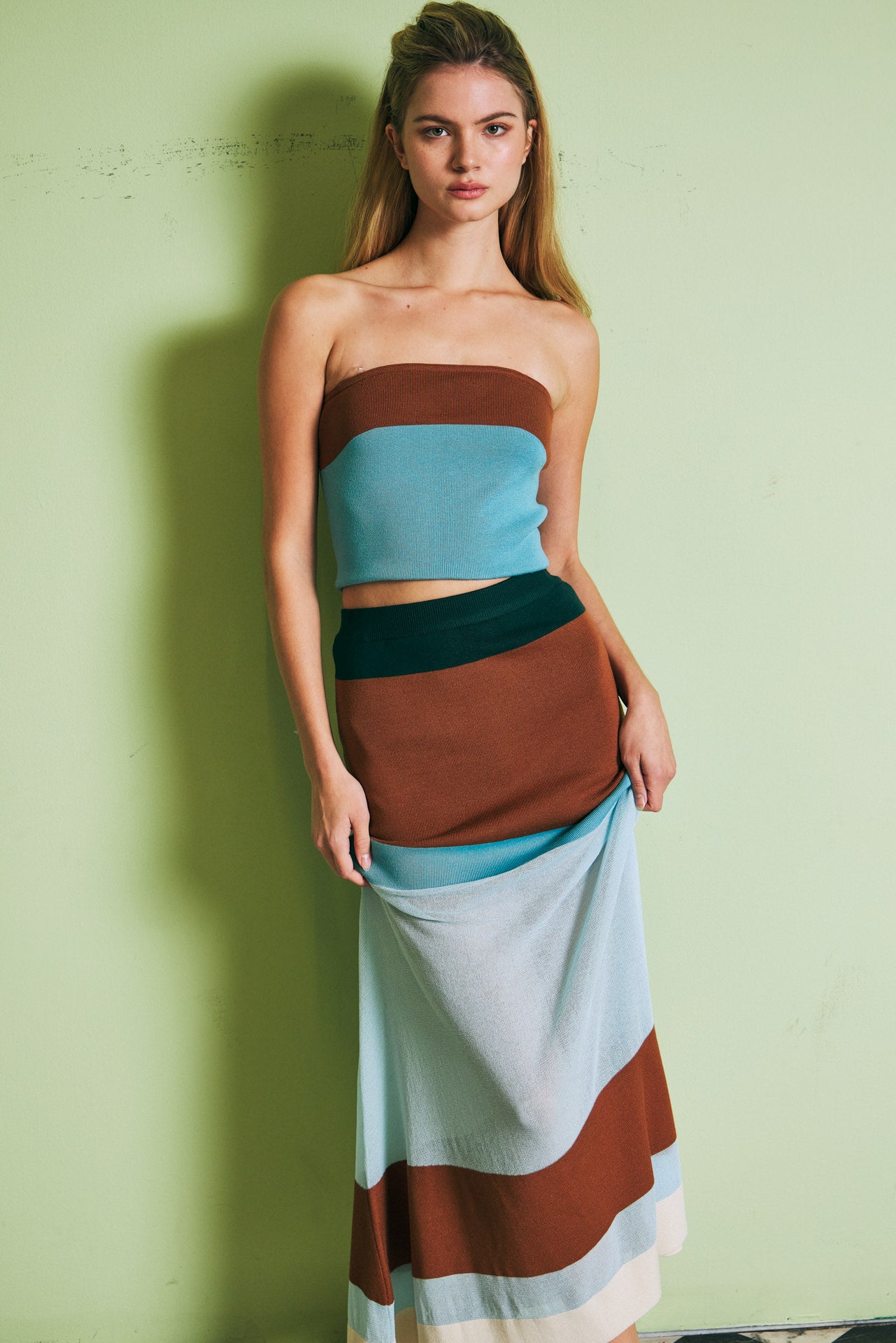 Valence Color Block Knit Maxi Skirt With Sheer Contrast
