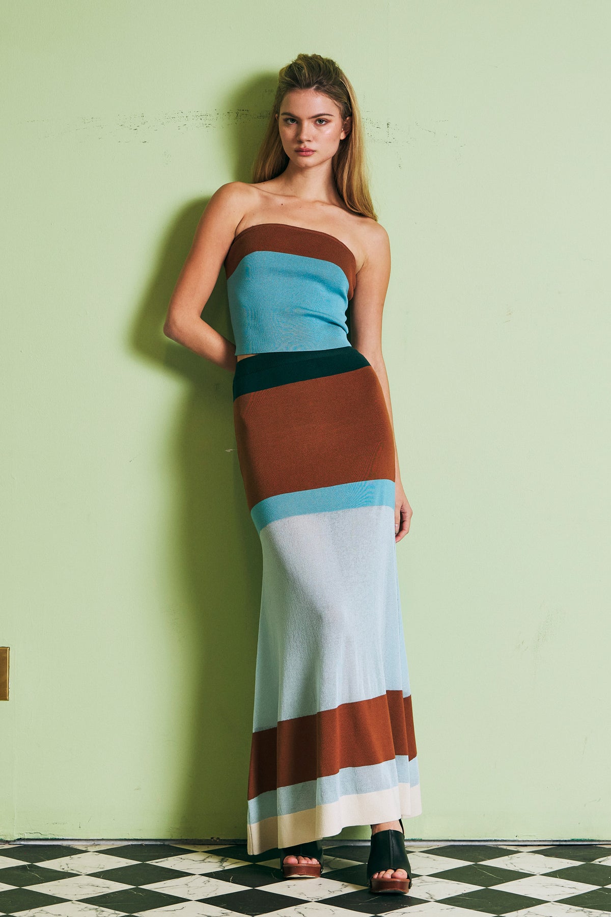 Valence Color Block Knit Maxi Skirt With Sheer Contrast
