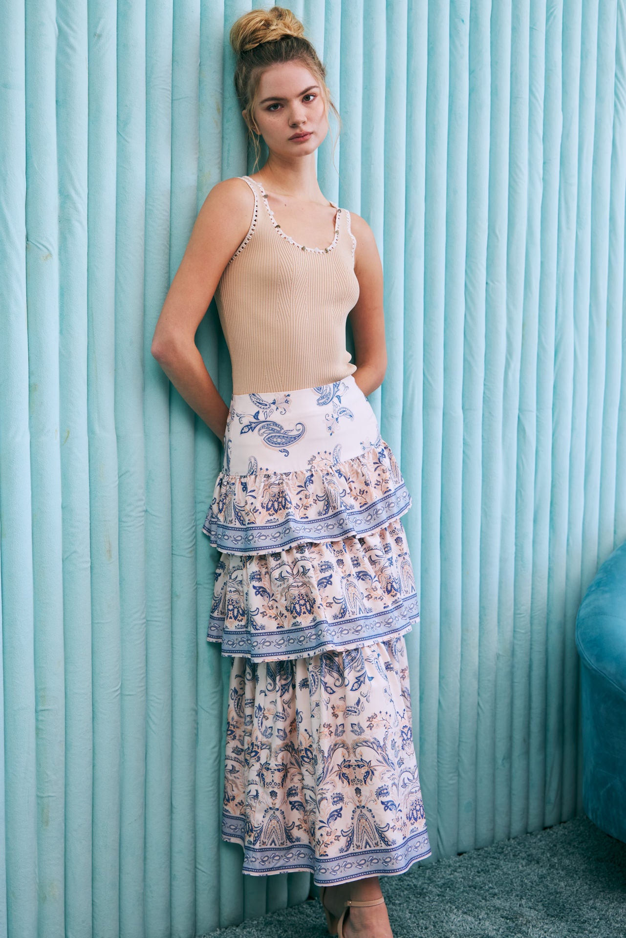 Border Print Tiered Midi Skirt