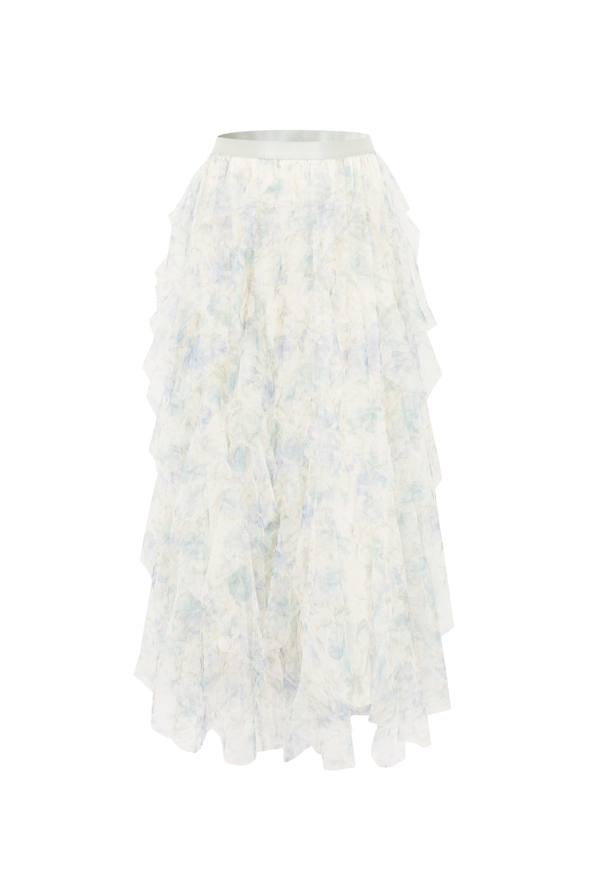 Printed Ruffle Tulle Midi Skirt